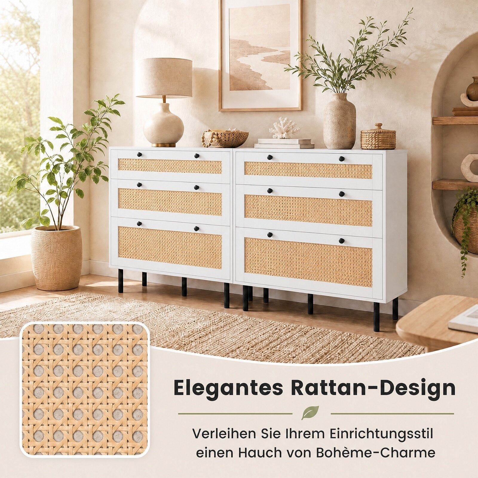 Kumode ar 3 atvilktnēm, balta, rotangpalmas dizains, 75 x 35 x 77,5 cm - Image 4