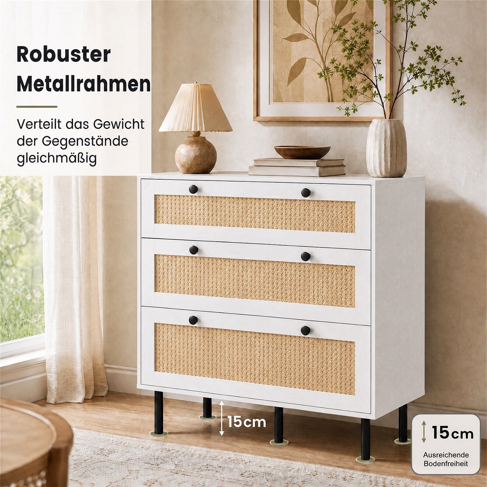 Kumode ar 3 atvilktnēm, balta, rotangpalmas dizains, 75 x 35 x 77,5 cm - Image 7