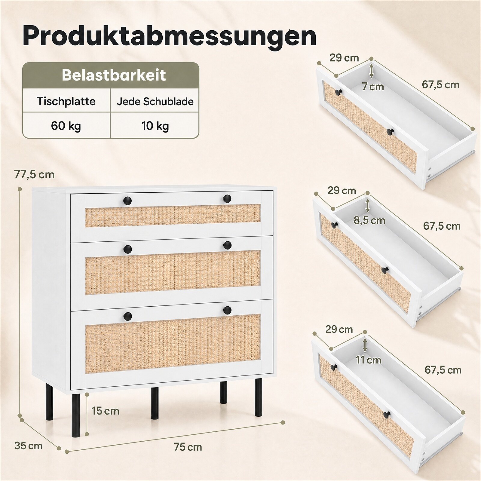 Kumode ar 3 atvilktnēm, balta, rotangpalmas dizains, 75 x 35 x 77,5 cm - Image 8