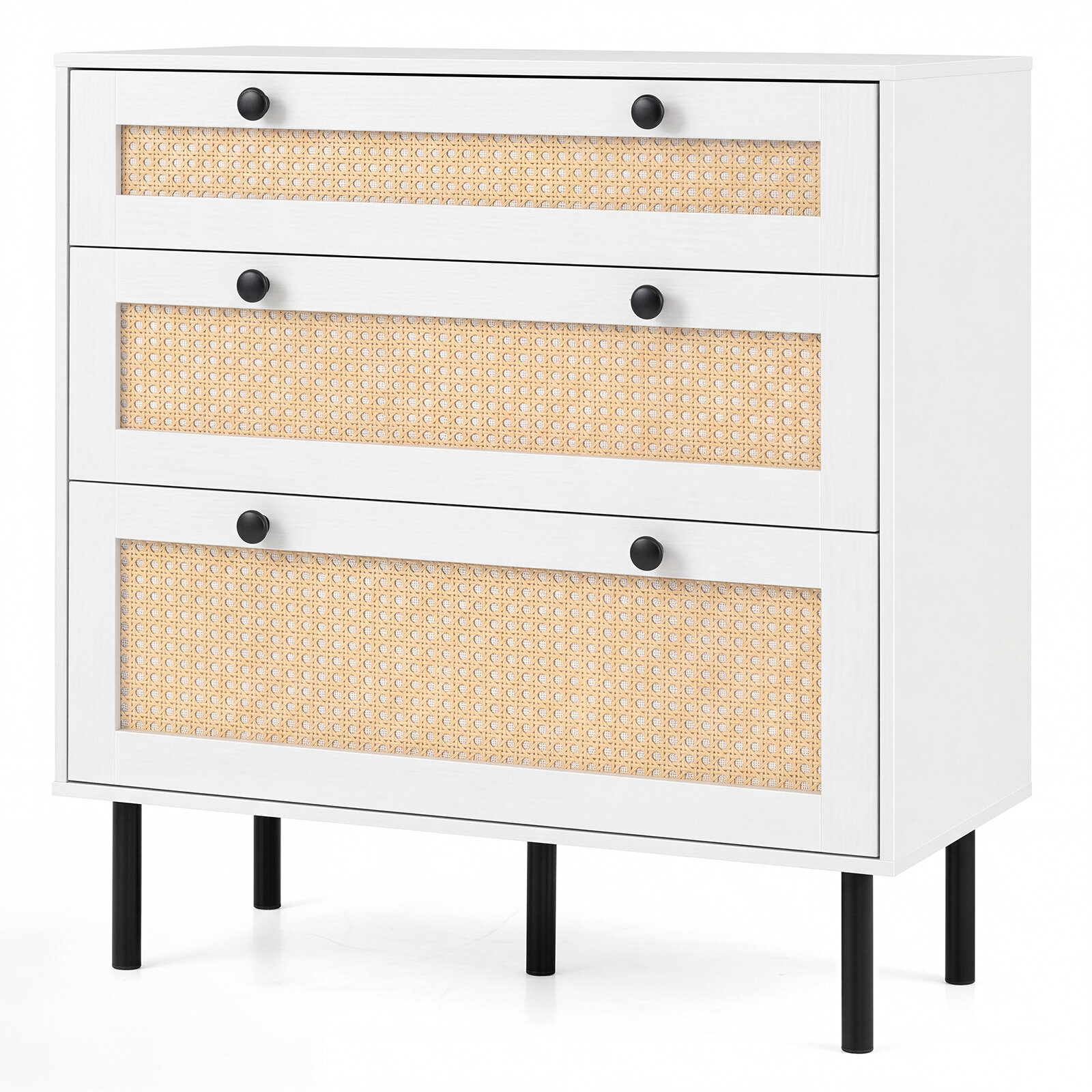 Kumode ar 3 atvilktnēm, balta, rotangpalmas dizains, 75 x 35 x 77,5 cm - Image 6