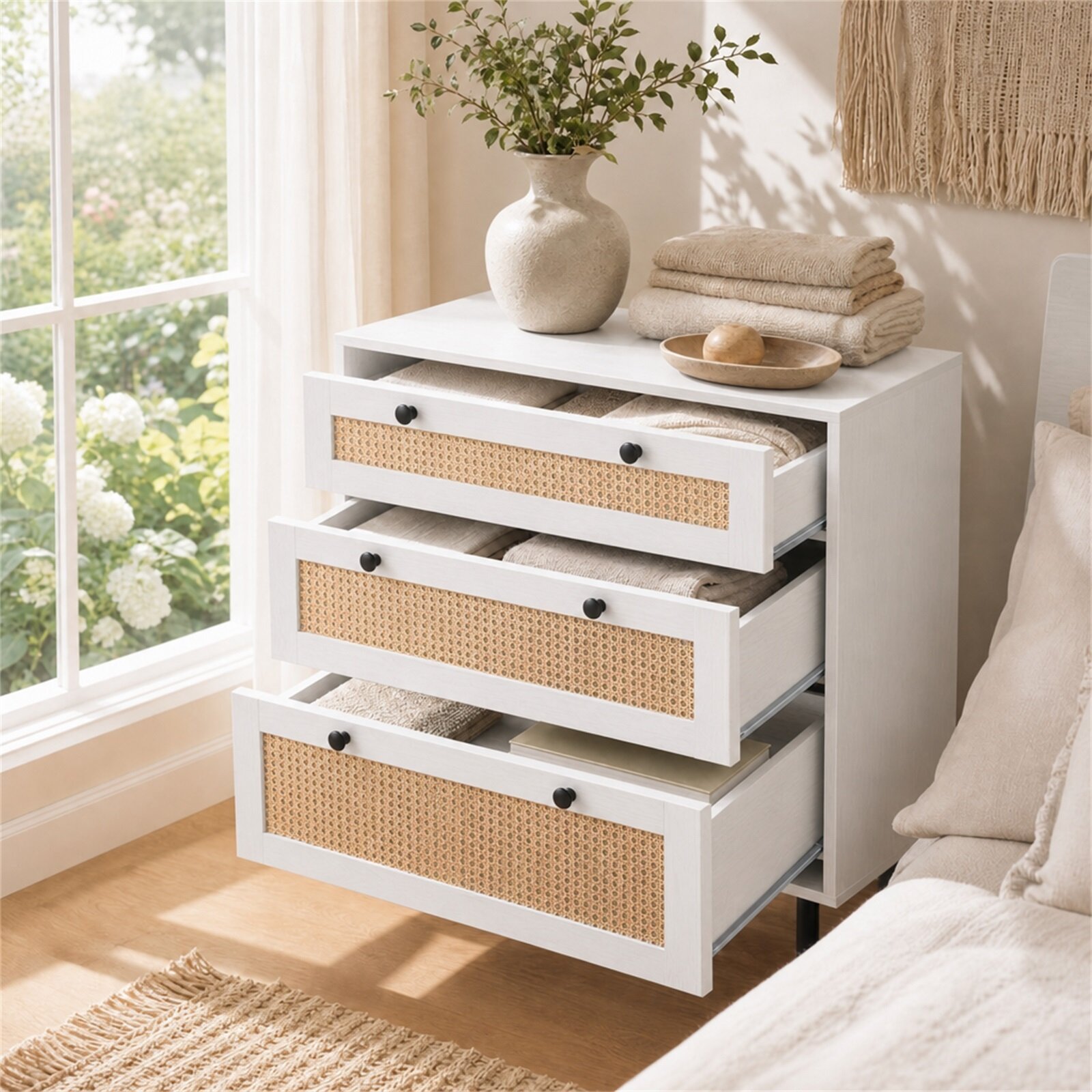 Kumode ar 3 atvilktnēm, balta, rotangpalmas dizains, 75 x 35 x 77,5 cm - Image 2
