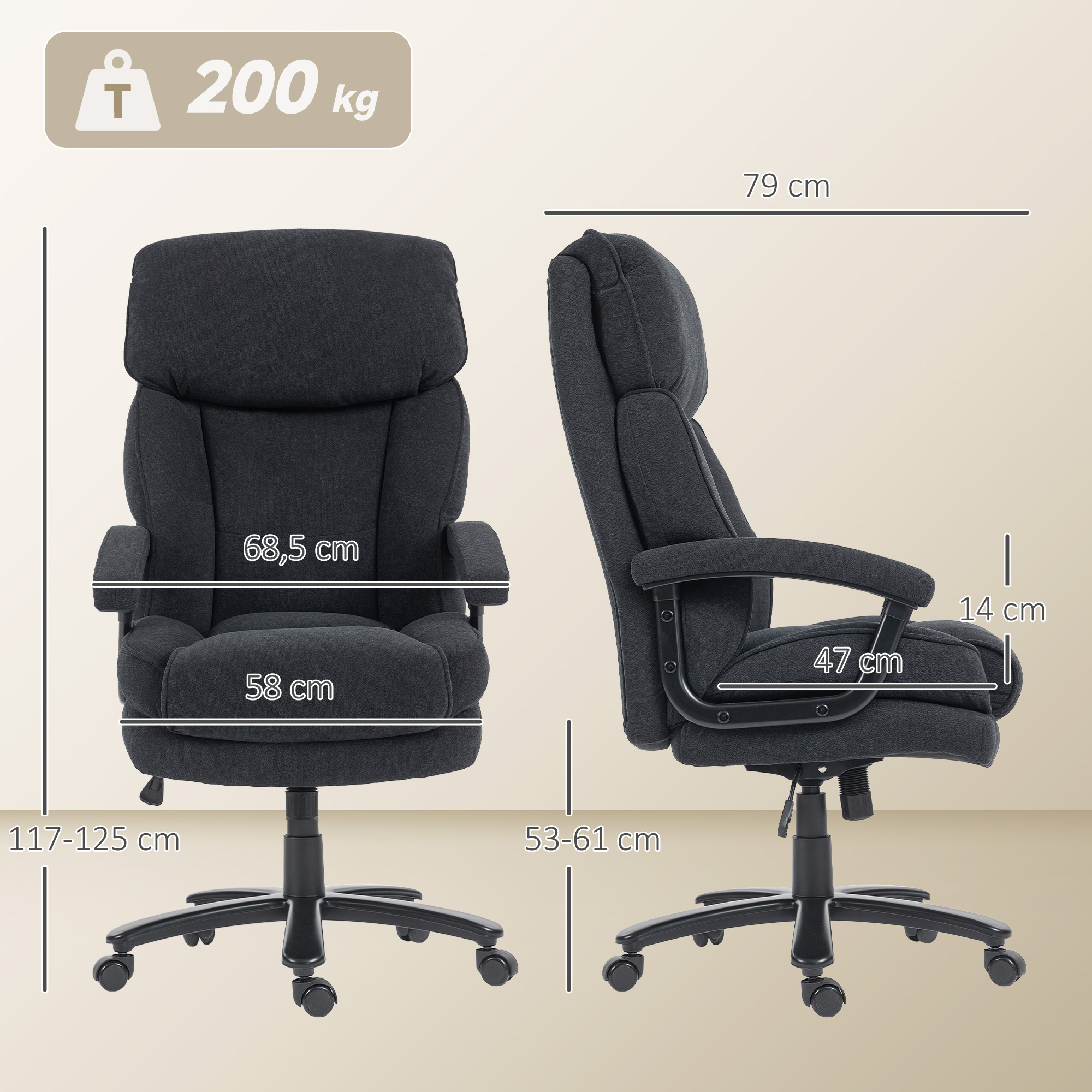 Ergonominė biuro kėdė, juoda, poliesteris, iki 200 kg, 68,5 x 79 x 117-125 cm - Image 3
