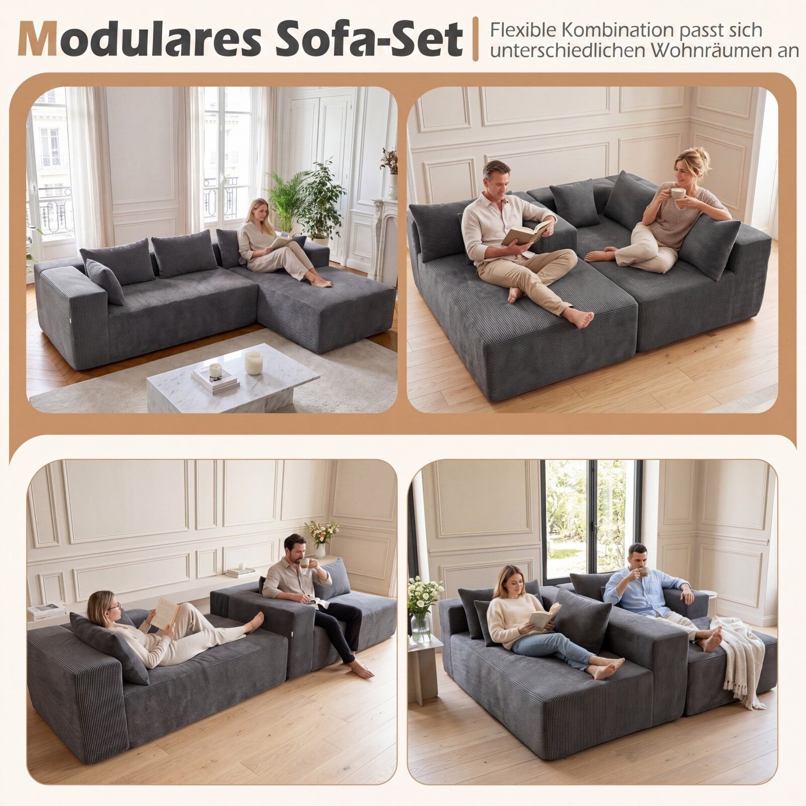 Mooduldiivan 4 inimesele lamamisosaga, hall, velvetkangas, 275 x 177 x 58 cm