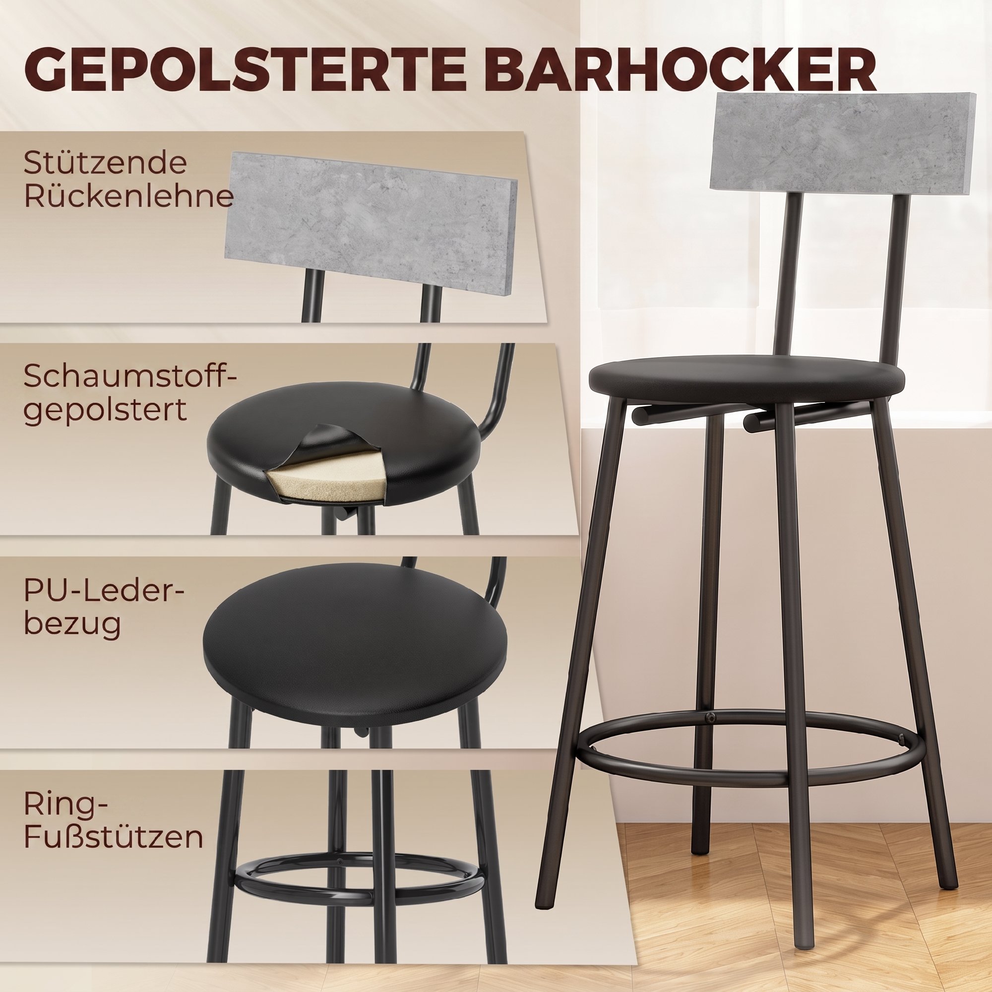 Bāra galda komplekts ar 2 polsterētām taburetēm, pelēks, 100 x 40 x 90,5 cm - Image 5