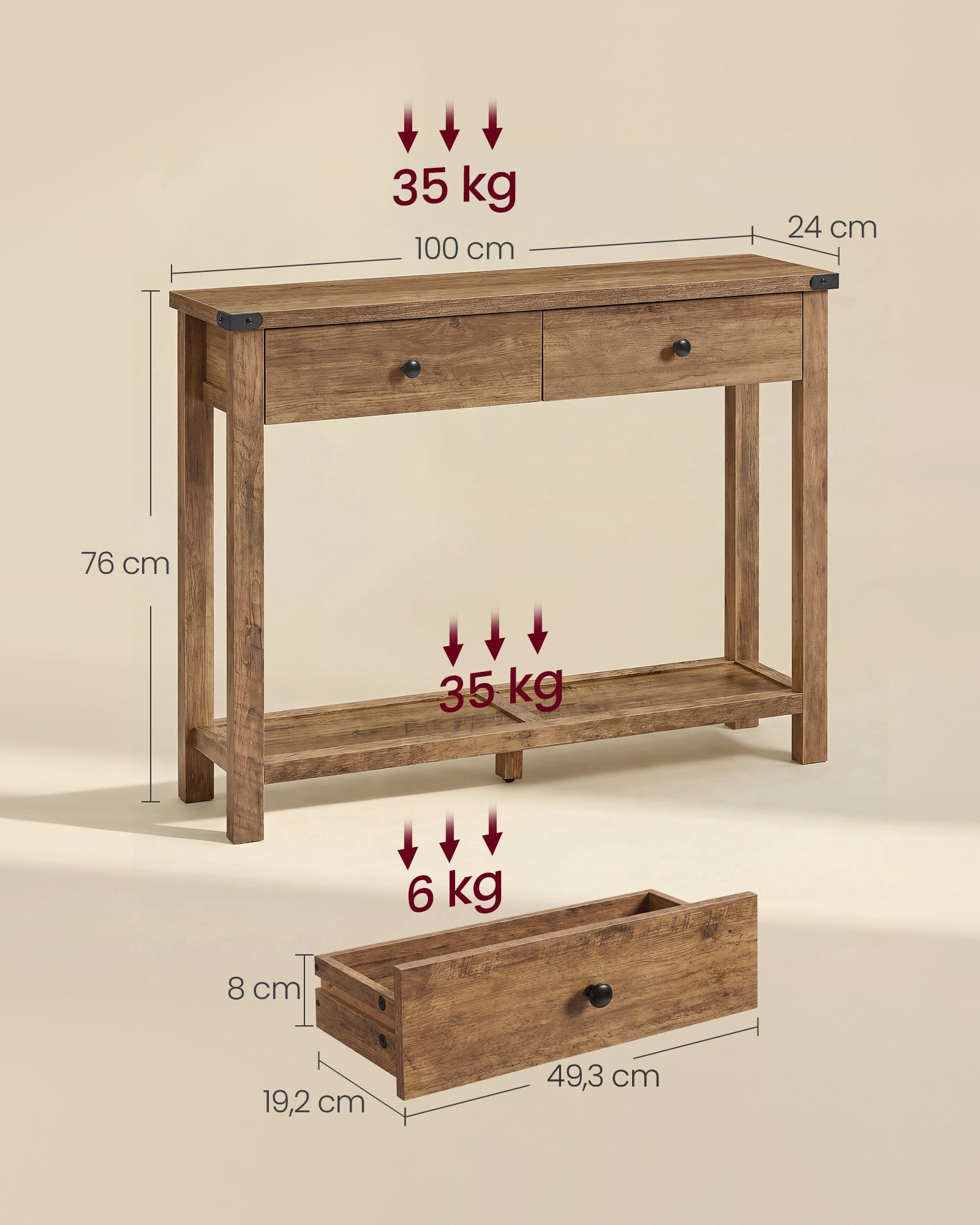 Siauras konsolinis stalas su stalčiais ir apatine lentyna, rudas, 100 x 24 x 76 cm - Image 6