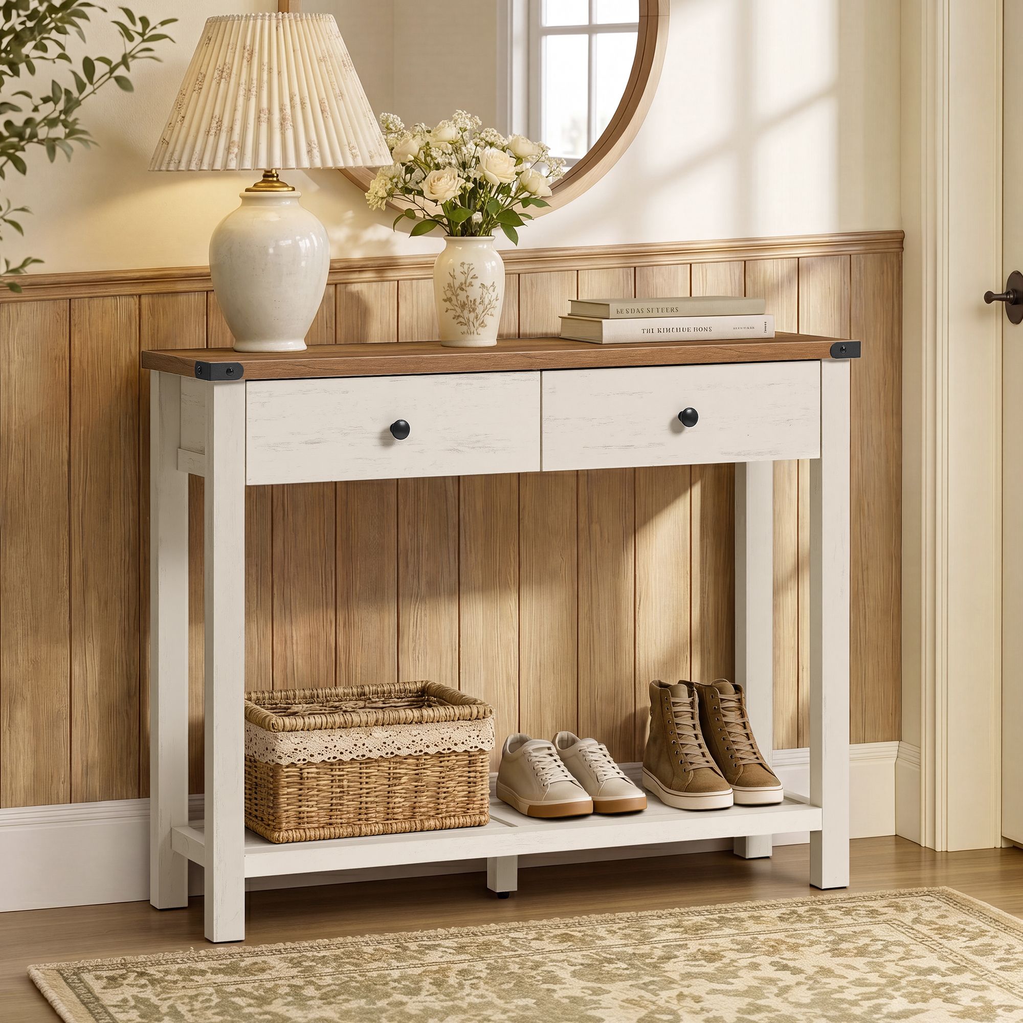 Kitsas konsoollaud sahtlite ja alumise riiuliga, valge/pruun, 100 x 24 x 76 cm
