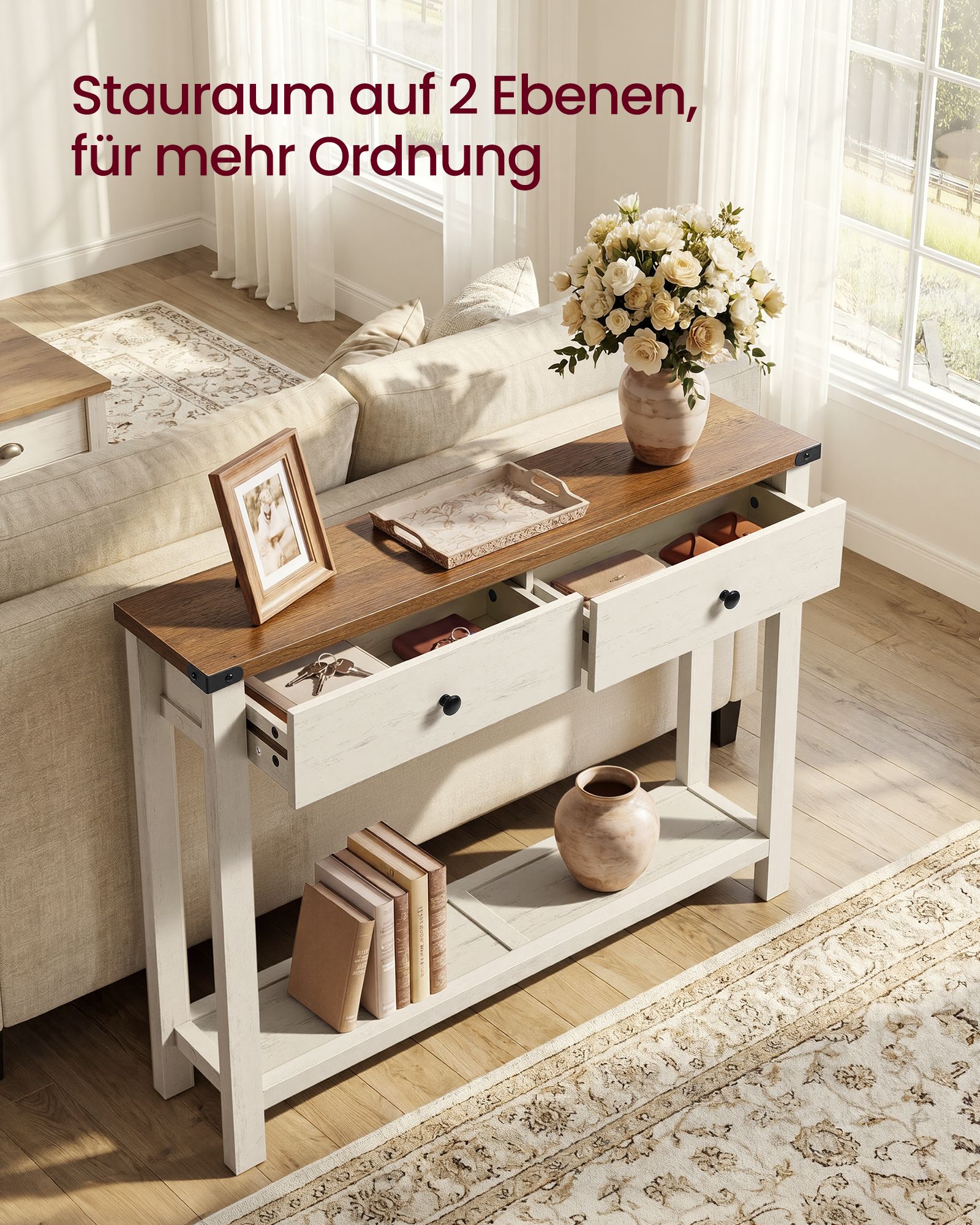 Kitsas konsoollaud sahtlite ja alumise riiuliga, valge/pruun, 100 x 24 x 76 cm - Image 3
