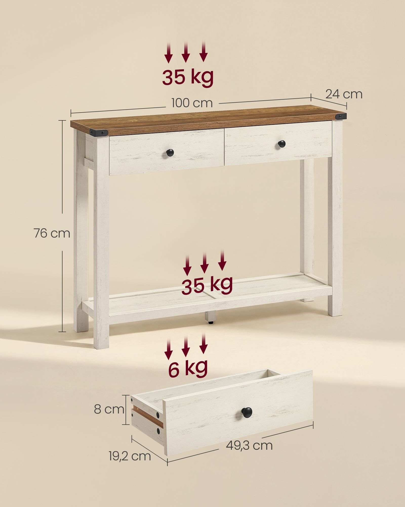 Kitsas konsoollaud sahtlite ja alumise riiuliga, valge/pruun, 100 x 24 x 76 cm - Image 6