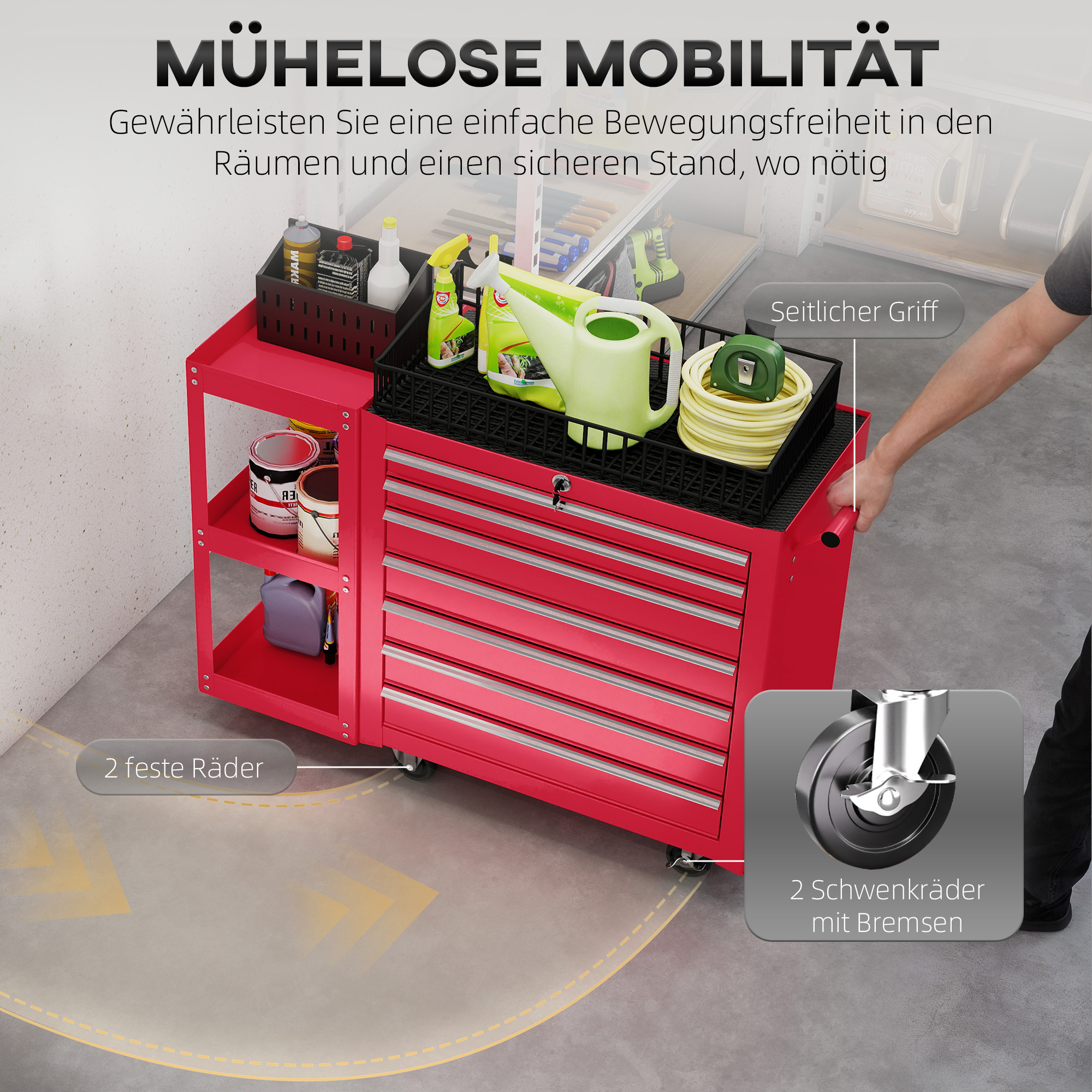 Įrankių vežimėlis su 7 stalčiais ir šonine lentyna, plienas, raudonas, 96 x 33,5 x 75 cm - Image 5