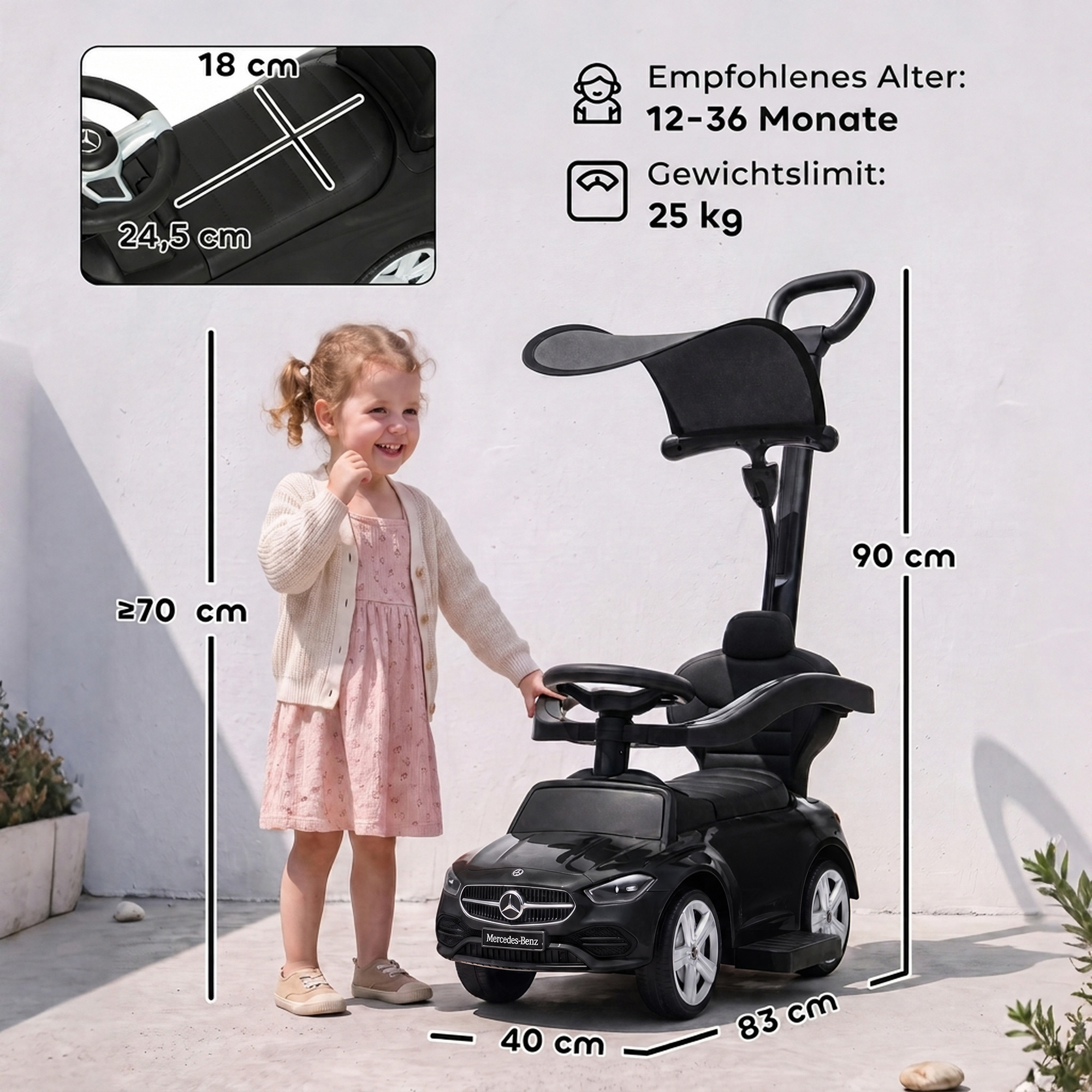 3-in-1 lasten potkuauto työntökahvalla, musta, 83 x 40 x 90 cm - Image 3