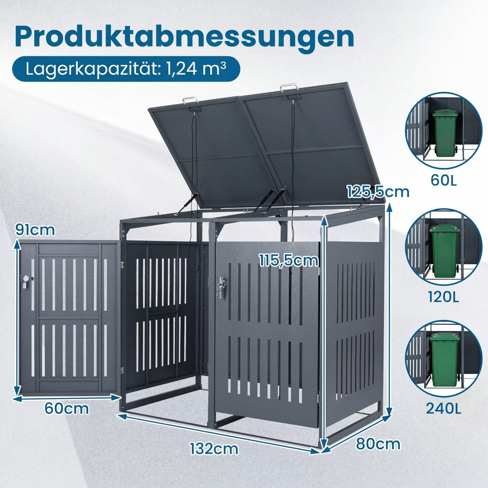 Jäteastioiden säilytyskaappi 2 astialle, metalli, harmaa, 132 x 81 x 126 cm - Image 5