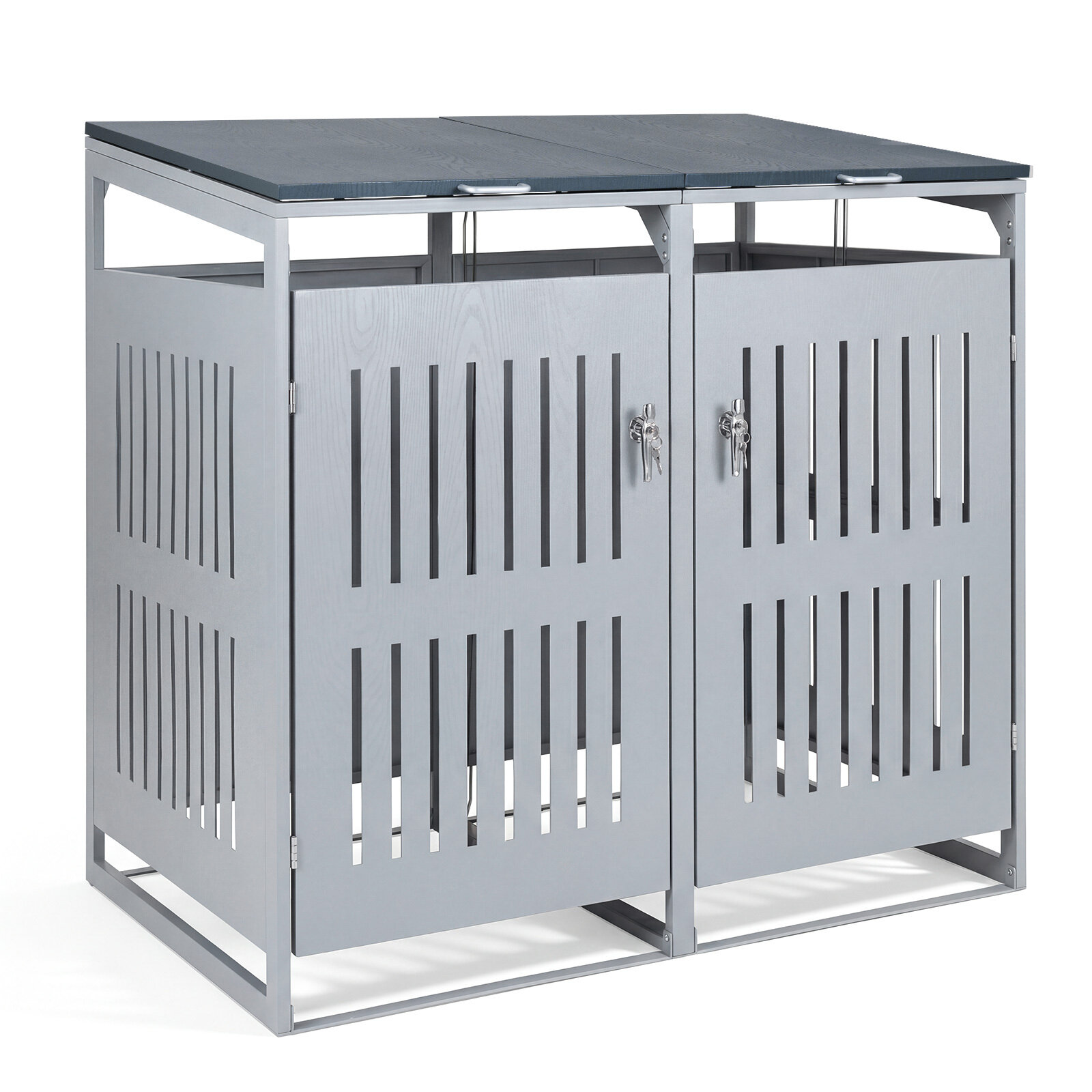 Lauko šiukšliadėžių laikymo spintelė 2 konteineriams, metalinė, pilka, 132 x 81 x 126 cm - Image 7