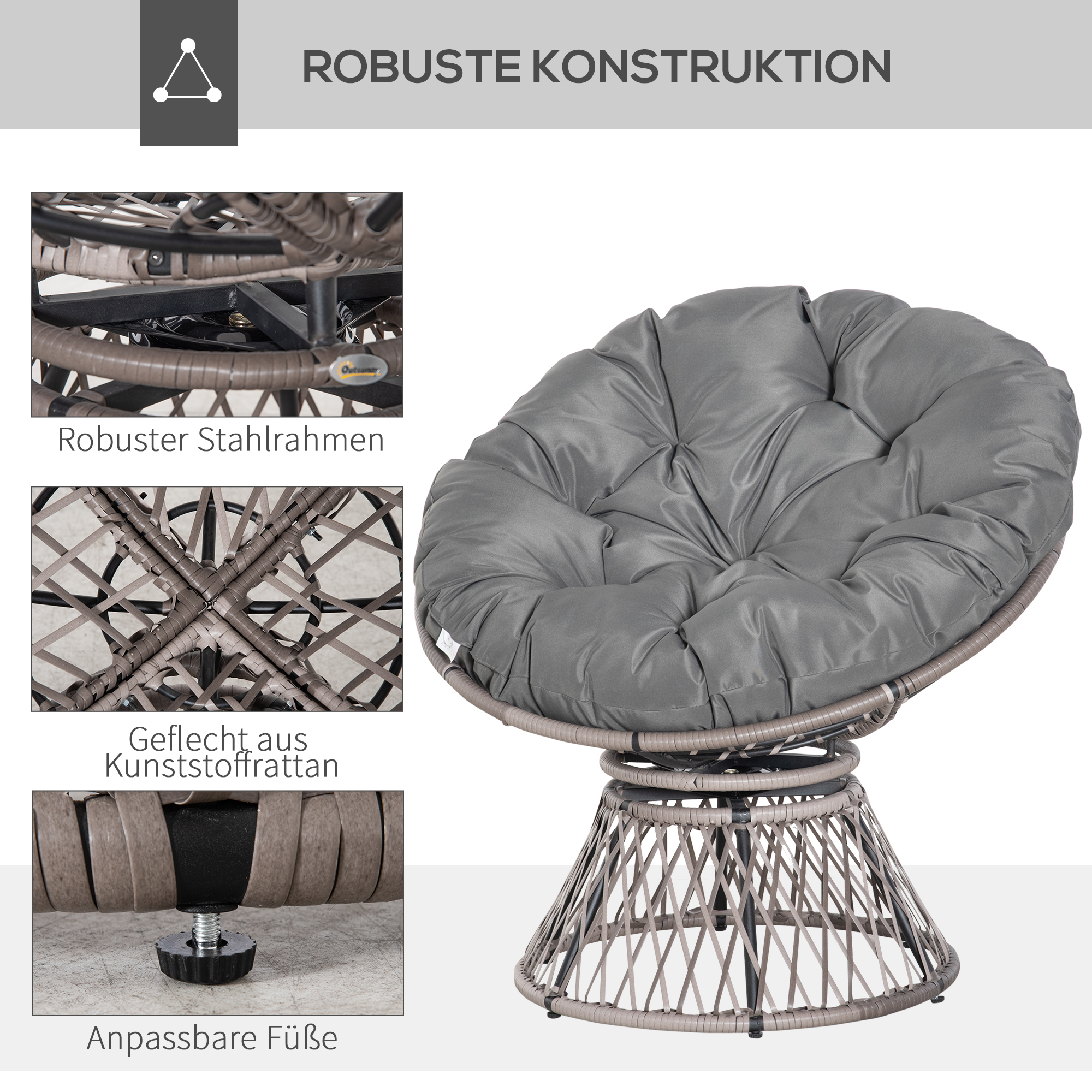 Papasan tipa krēsls ar spilvenu, grozāms 360°, PE rotangs, pelēks, 87 x 97 x 86 cm - Image 6