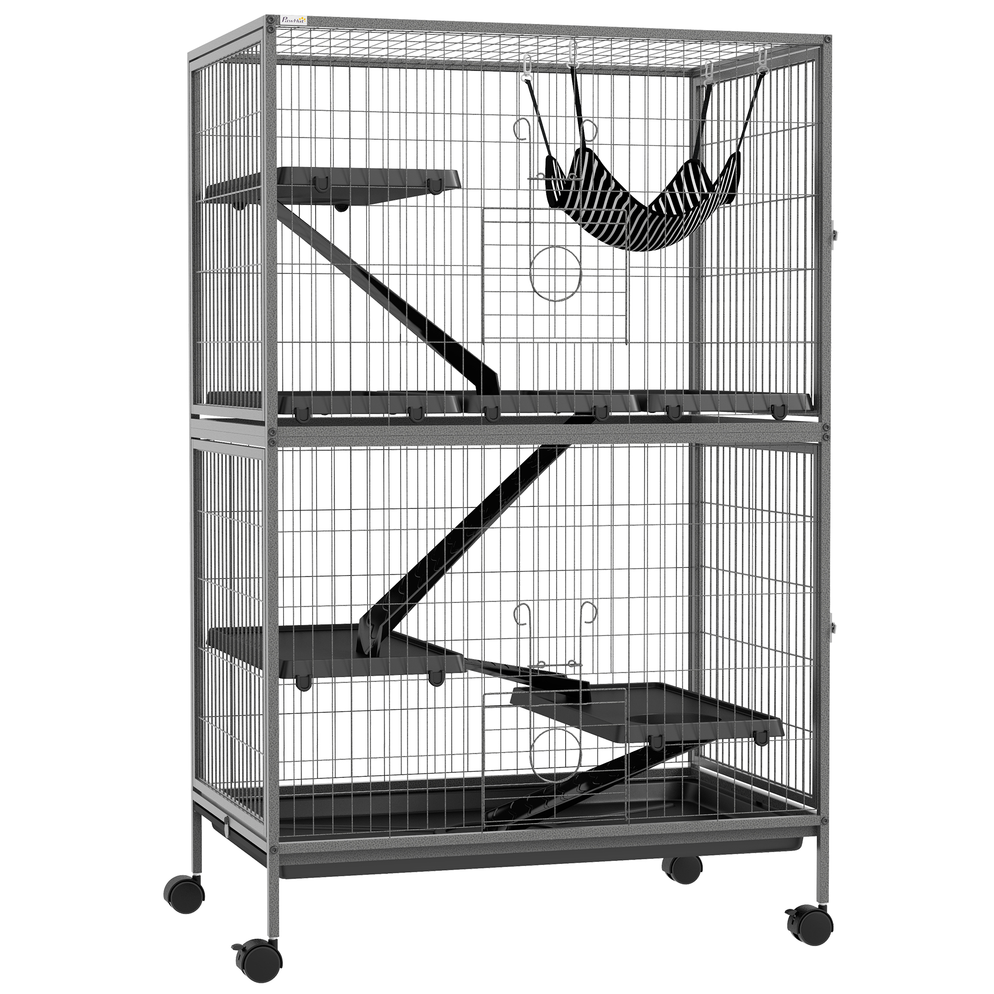 Väikelooma puur võrkkiige ja ratastega, 4-korruseline, teras, plast, hall, 80 x 52 x 128 cm