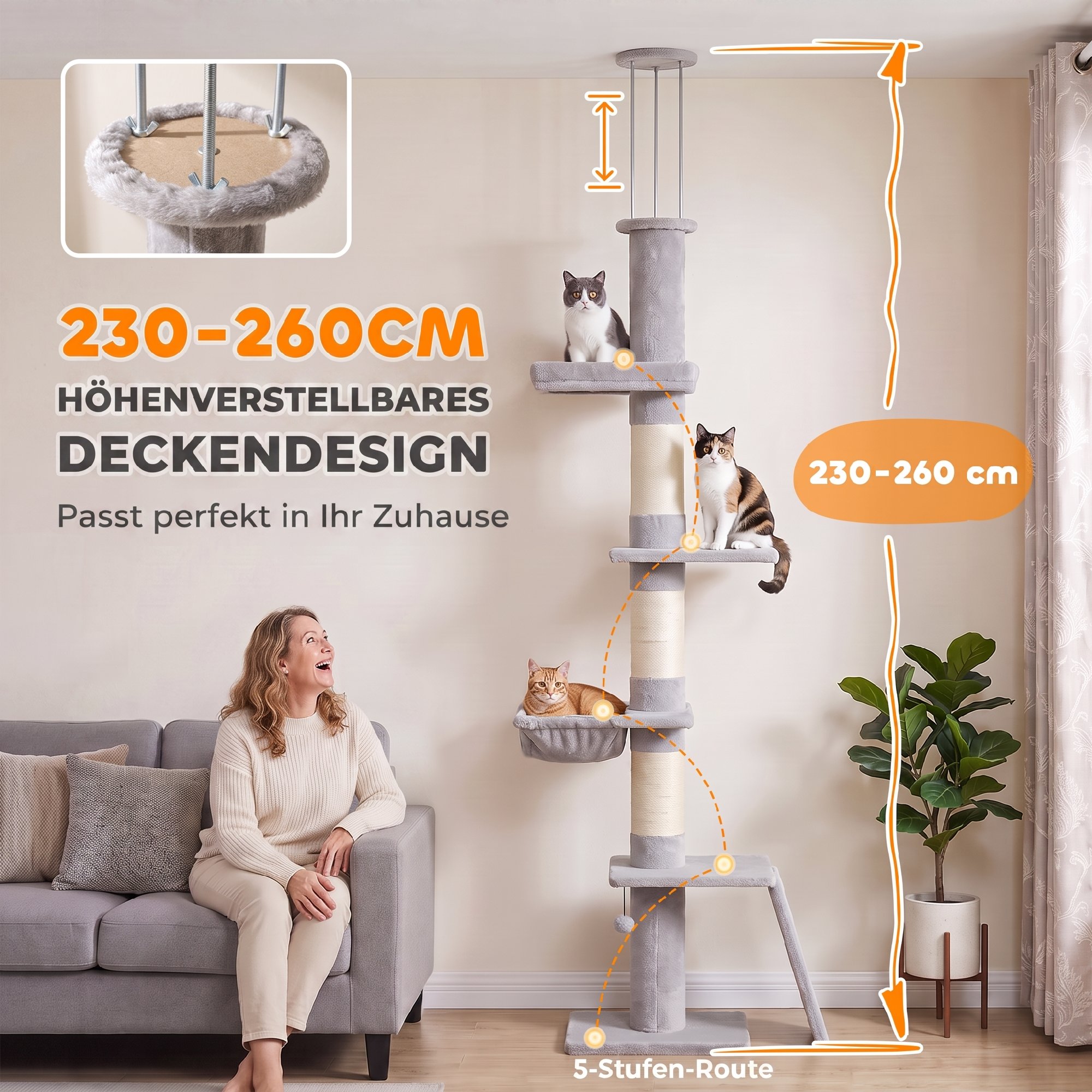 Katės draskyklė iki lubų su 5 lygiais, reguliuojamas aukštis 230-260 cm, šviesiai pilka - Image 5