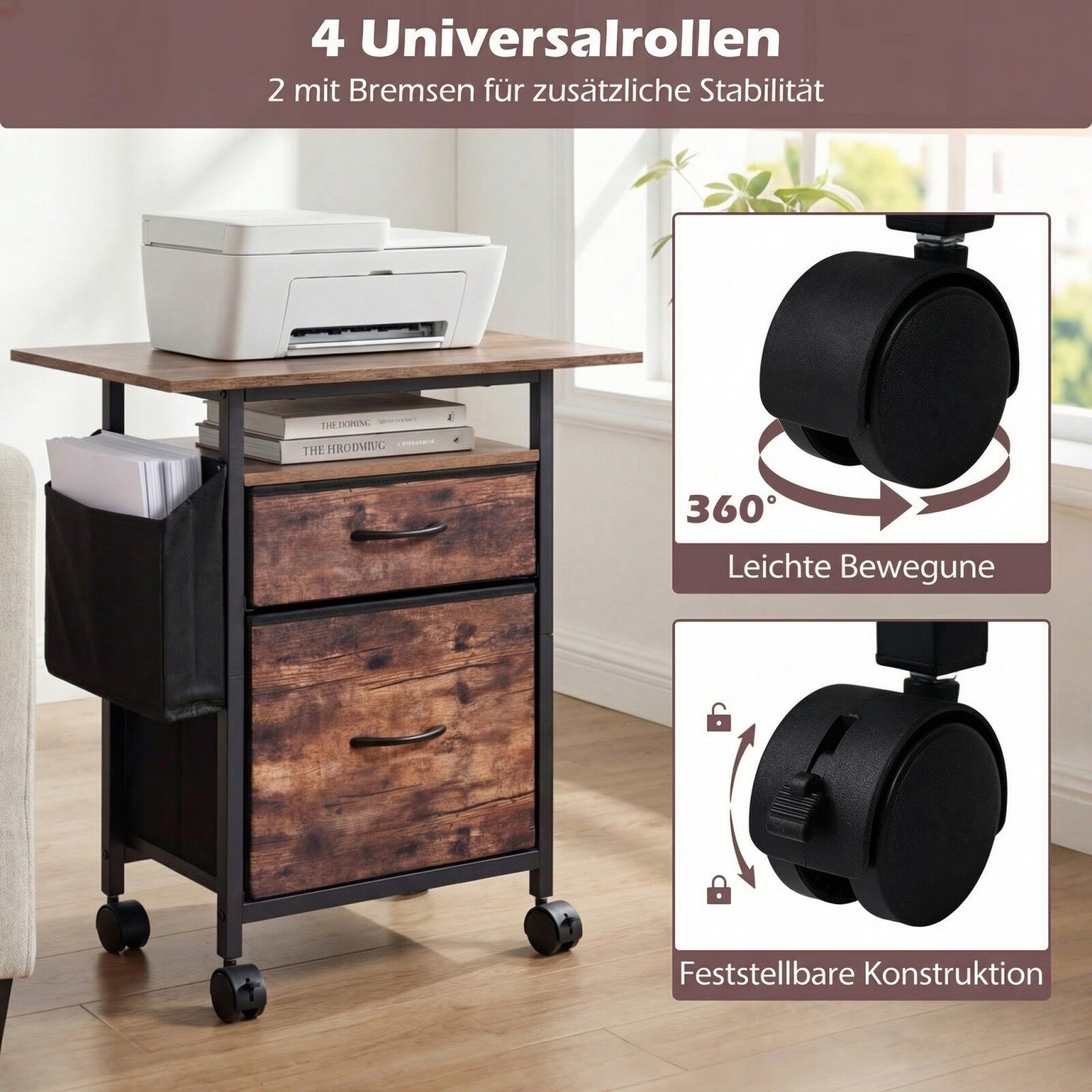 Ratastel dokumendikapp 2 sahtli ja riiuliga, rustikaalpruun/must, 61 x 38 x 66,5 cm