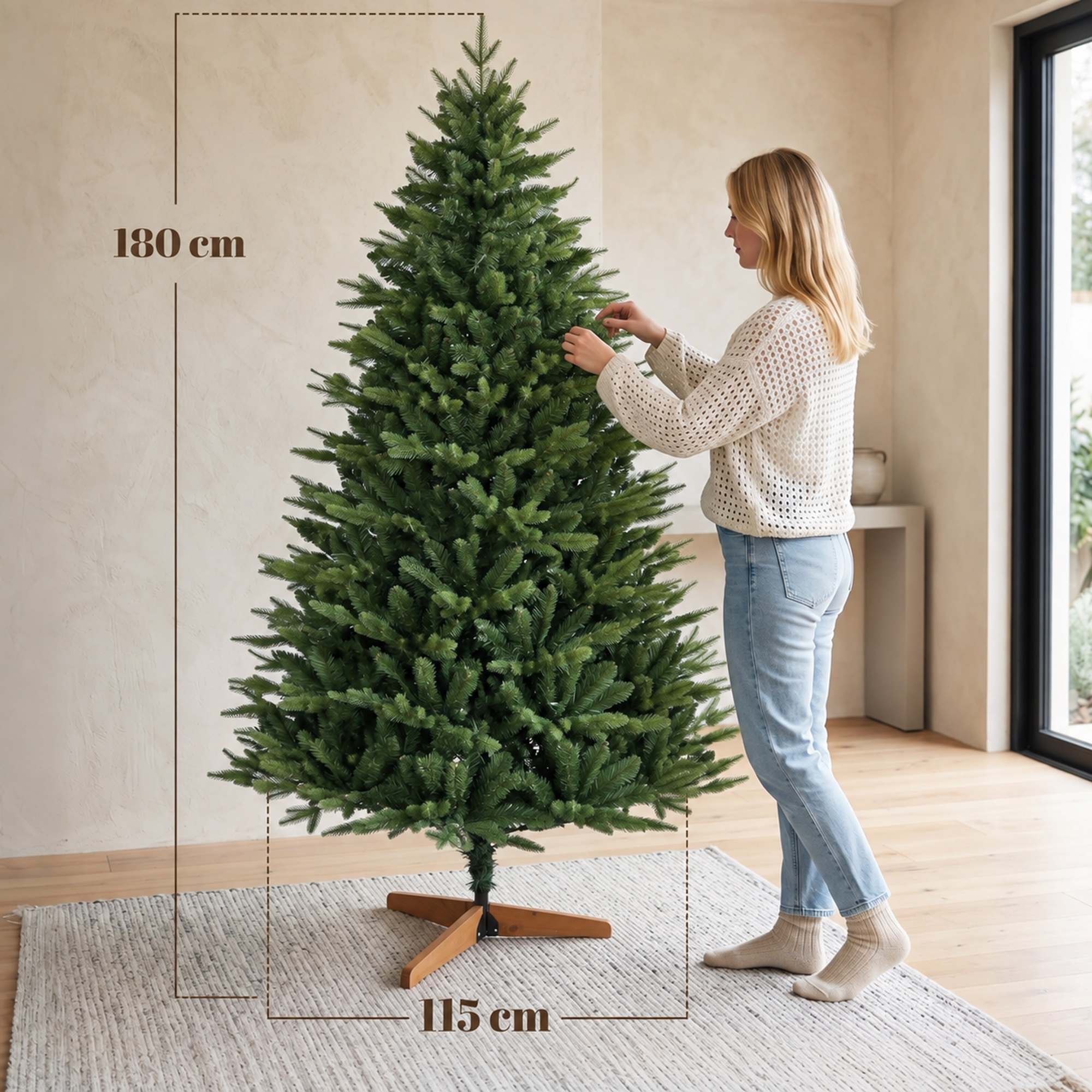 Mākslīgā Ziemassvētku egle ar priedes koka statīvu, zaļa, 180 cm, Ø115 cm - Image 3