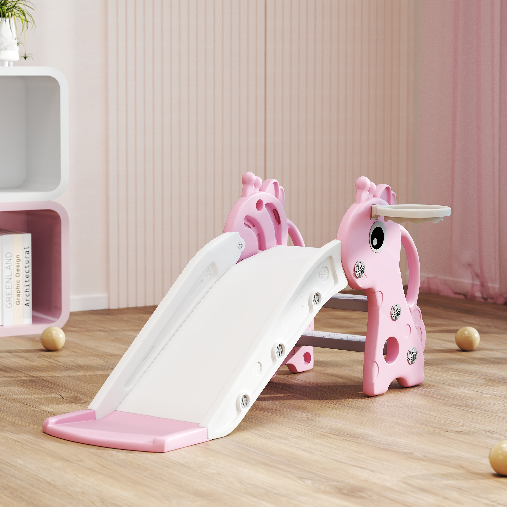 3-in-1 liukumäki lapsille, kirahvin muotoinen, koripallokori, pallo, pinkki - Image 9