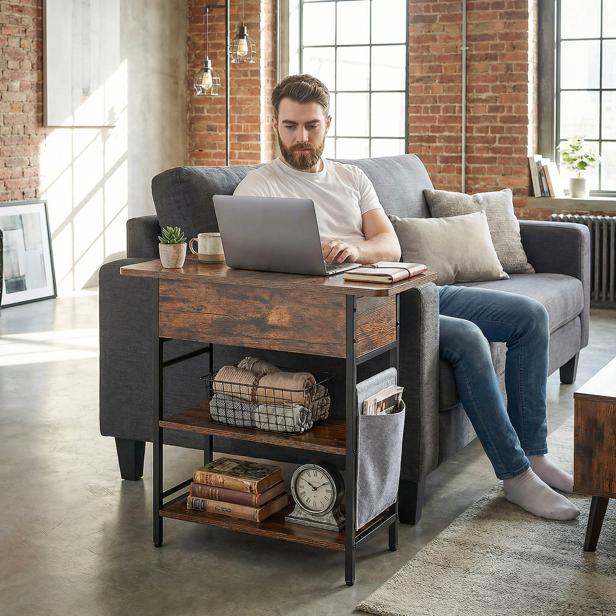 Sānu galdiņš ar uzlādes staciju, 2 līmeņi, USB pieslēgvietas, 60 x 29,8 x 58,5 cm, rustikāli brūns - Image 9