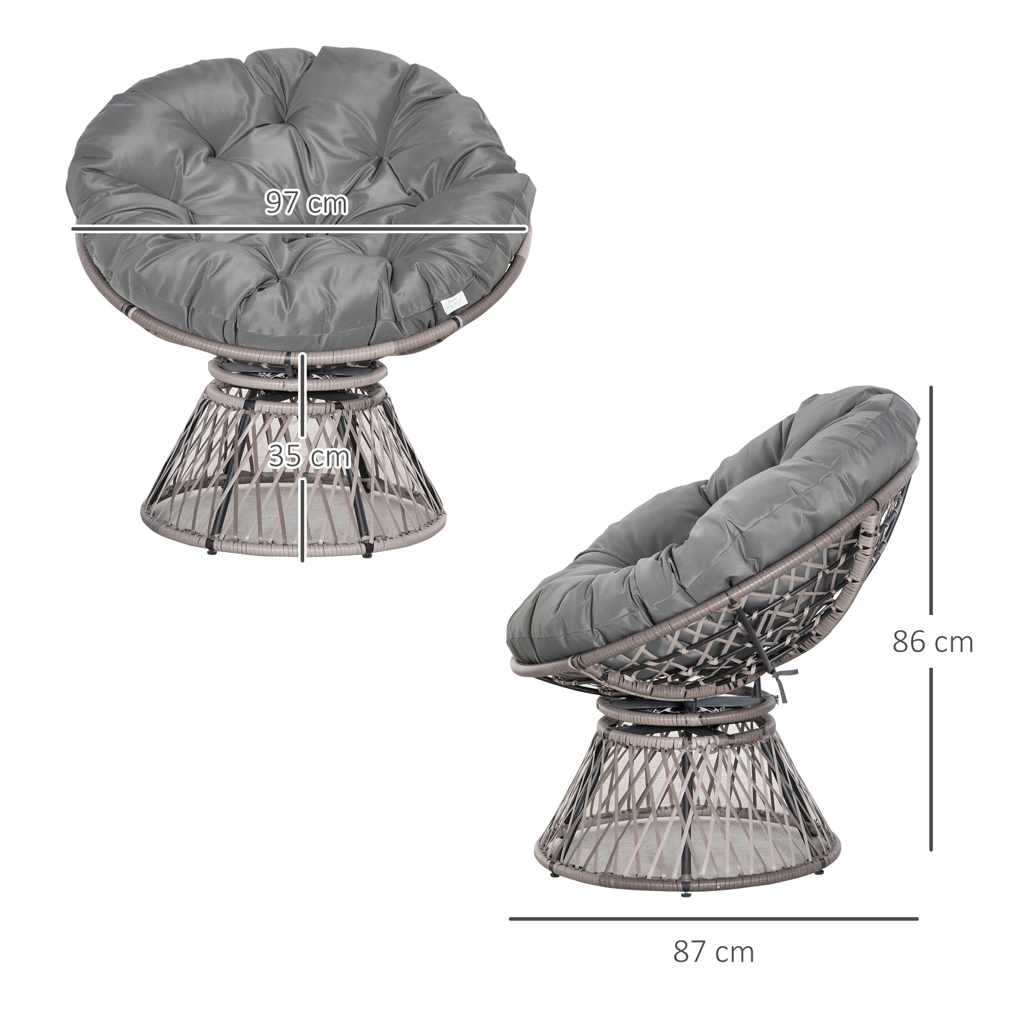 Papasan tipa krēsls ar spilvenu, grozāms 360°, PE rotangs, pelēks, 87 x 97 x 86 cm - Image 3