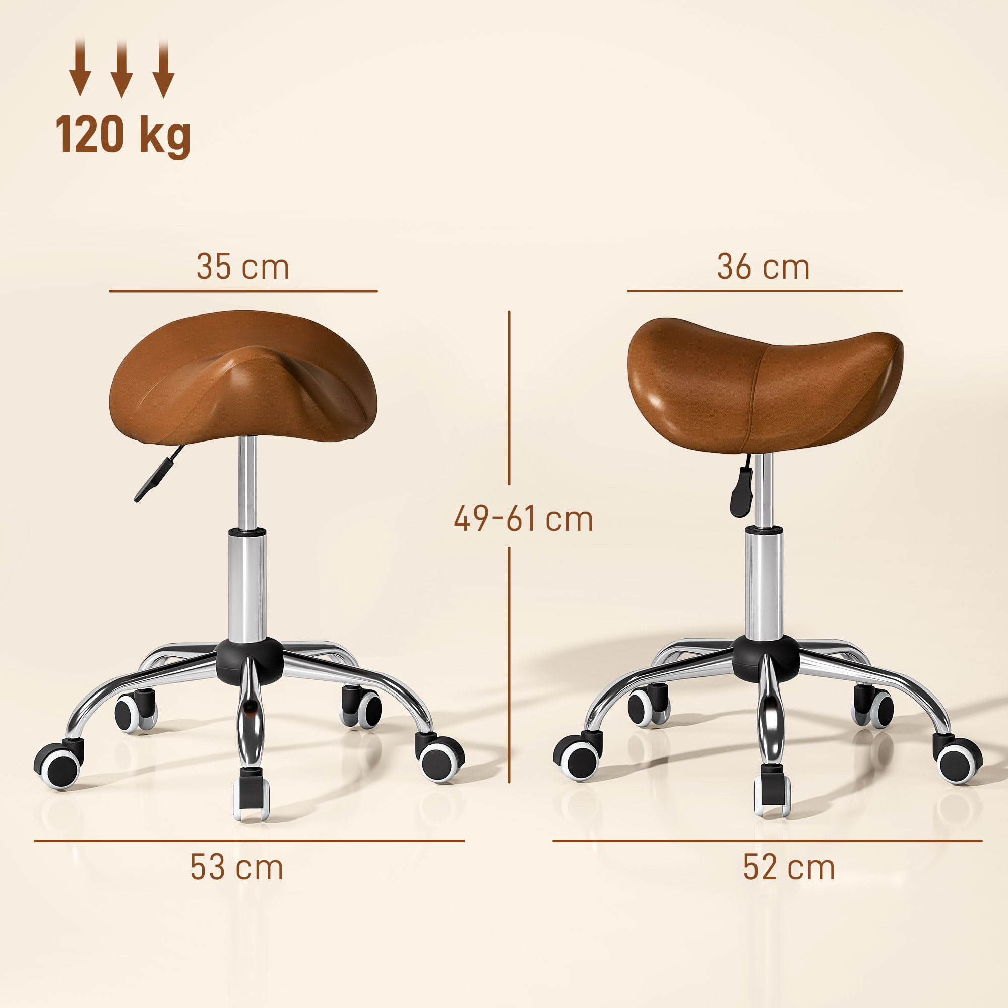 Satulajakkara pyörillä, säädettävä korkeus 49-61 cm, ruskea - Image 3