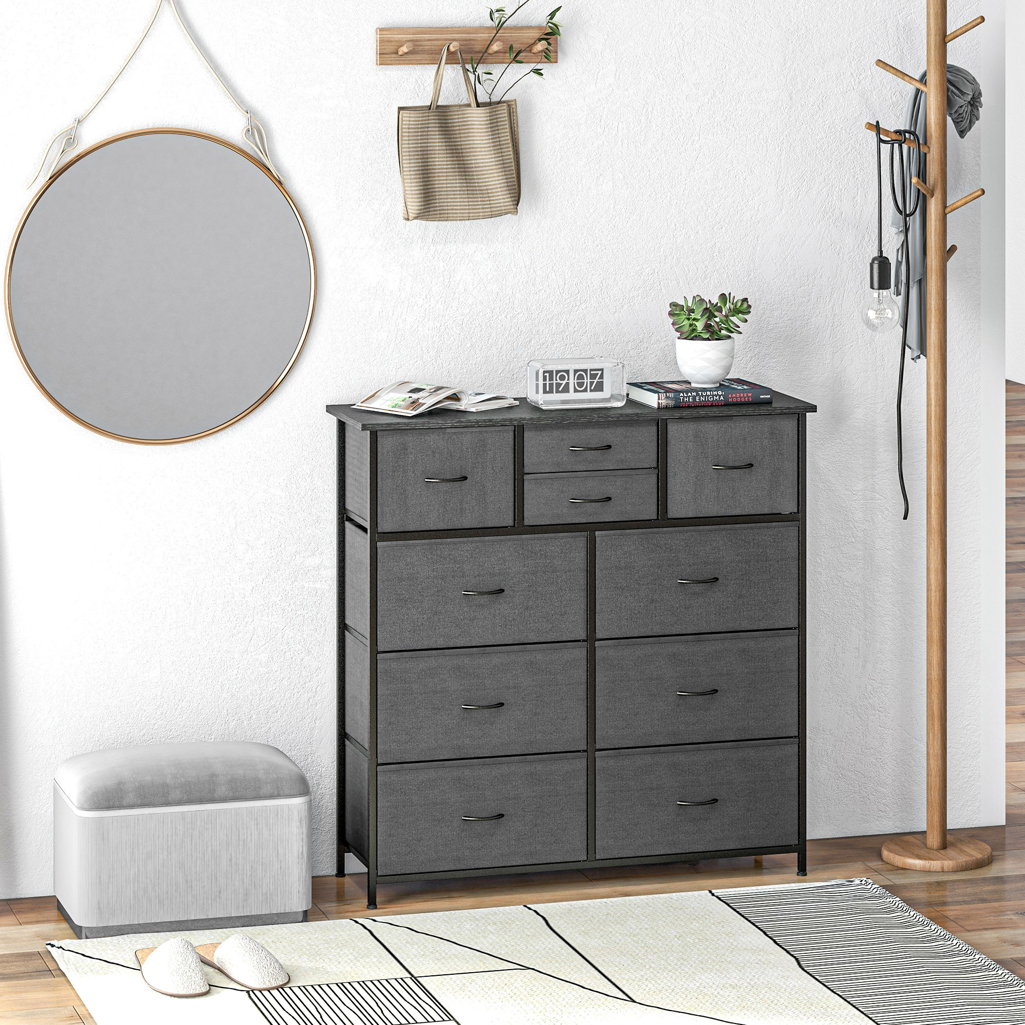 Komode–sidenis ar auduma atvilktnēm, 10 nodalījumi, metāla rāmis, 100 x 30 x 100 cm, melna - Image 2