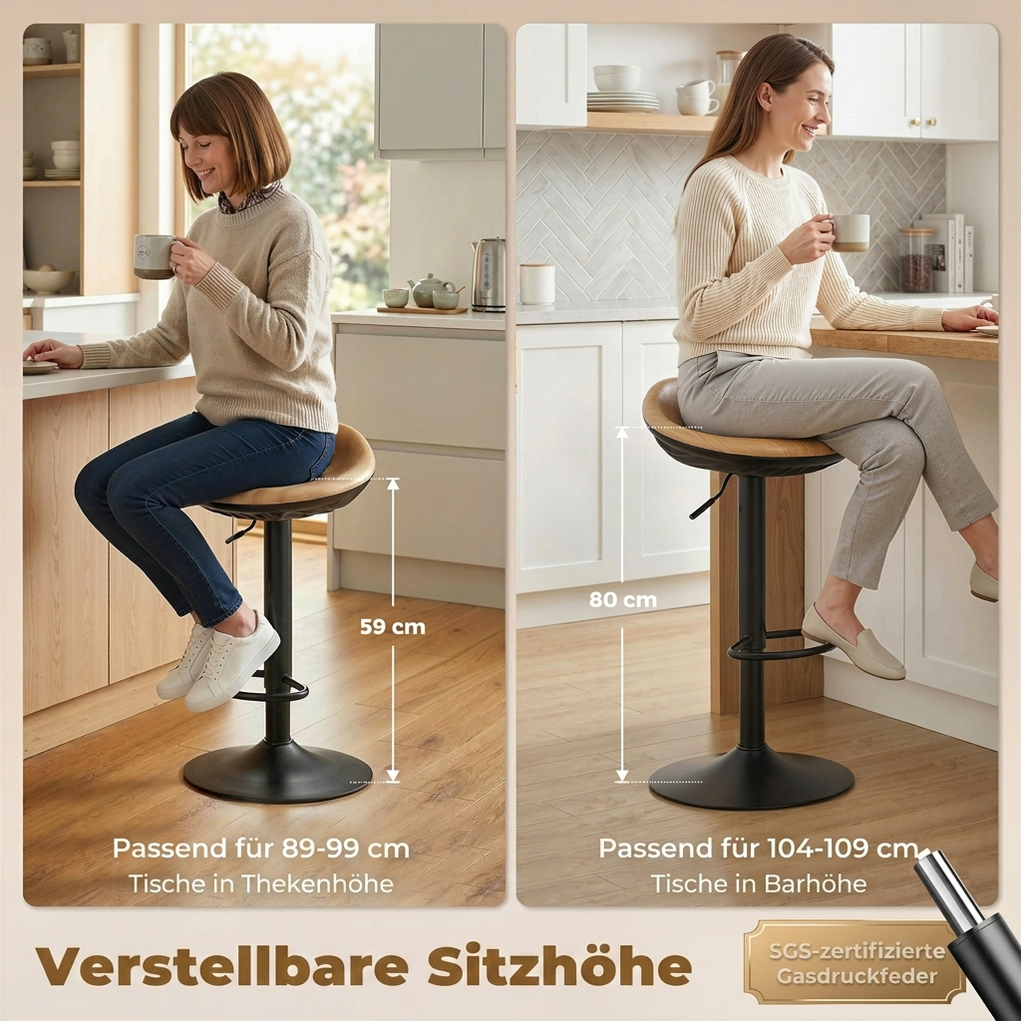 Reguliuojamo aukščio baro kėdės, 2 vnt., pasukamos, ąžuolo ir juodos spalvos, 59-80 cm - Image 6