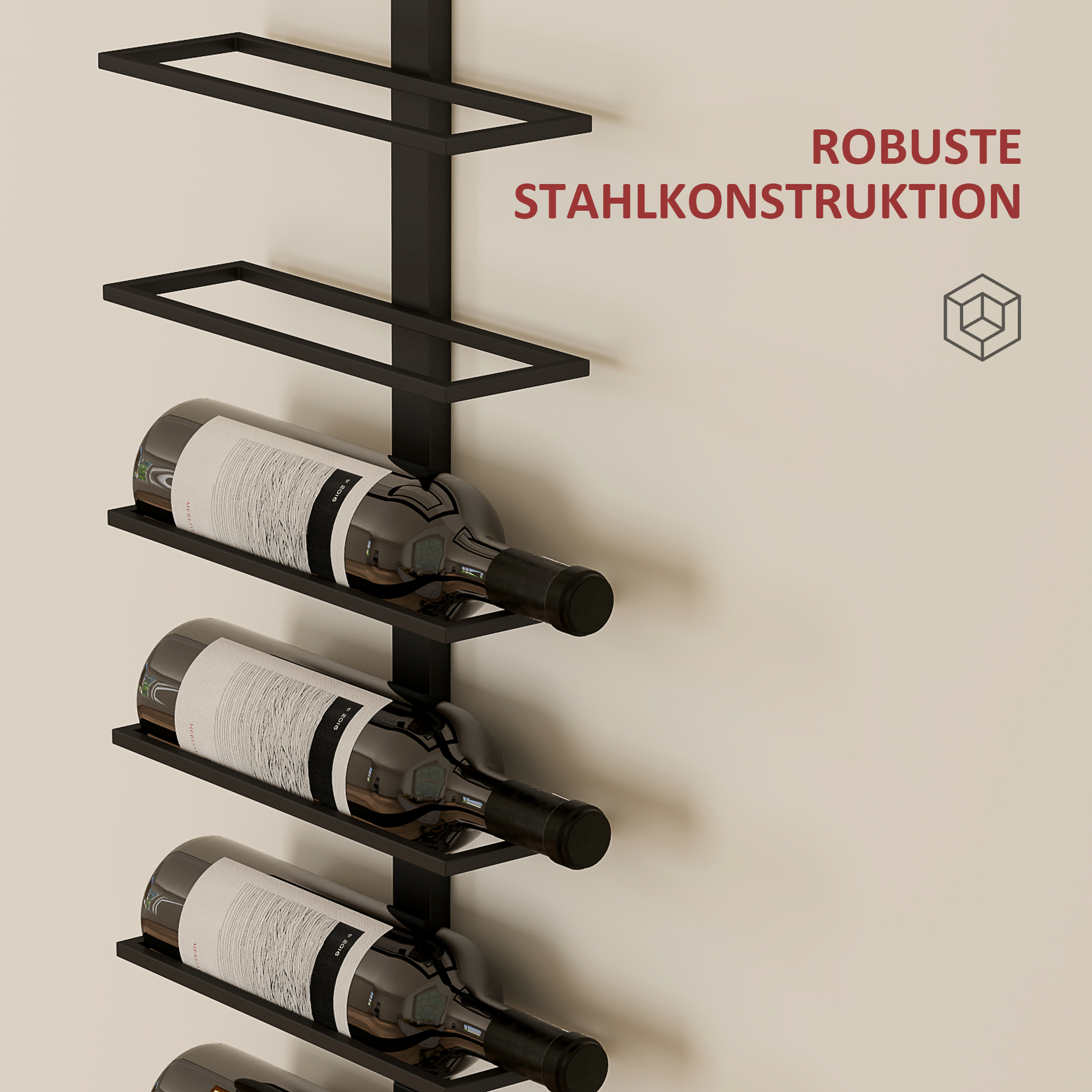 Sieninė vyno lentyna 10 butelių, 10 lygių, metalas, juoda, 27 x 10 x 116 cm - Image 6