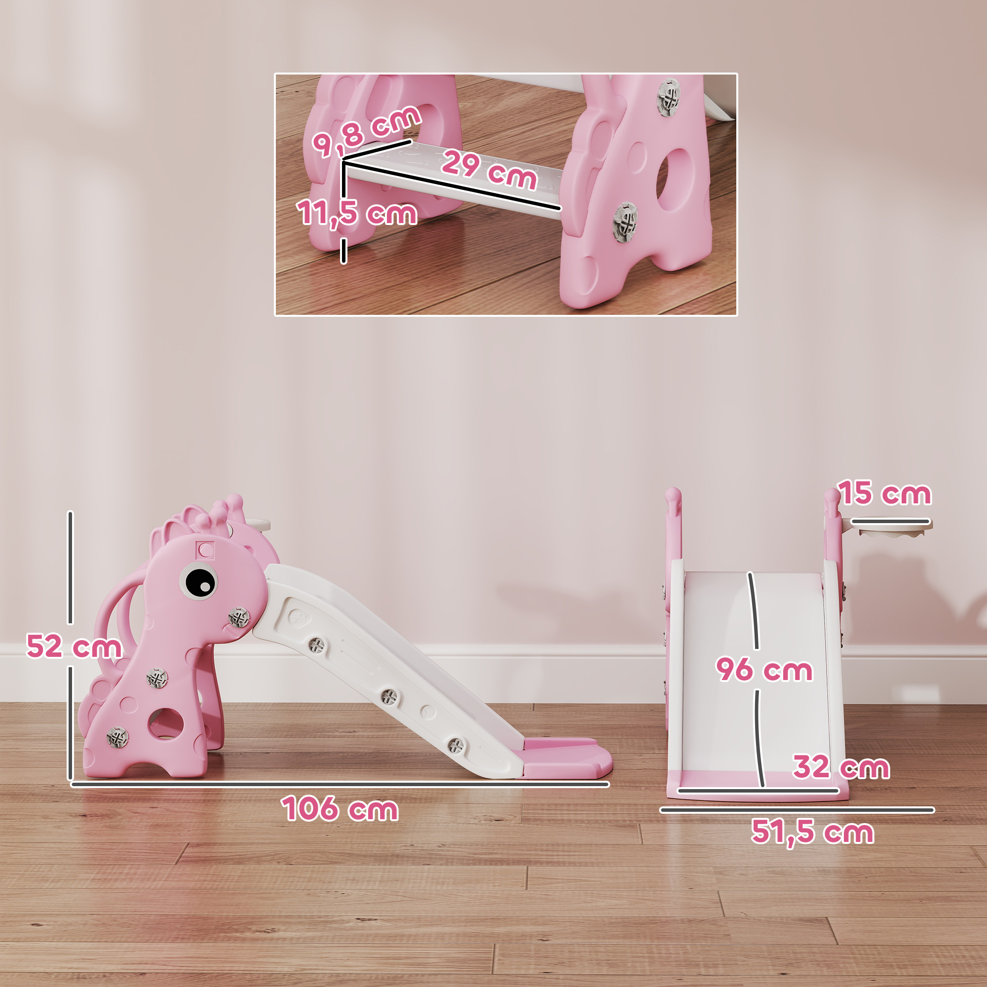 3-in-1 liukumäki lapsille, kirahvin muotoinen, koripallokori, pallo, pinkki - Image 3