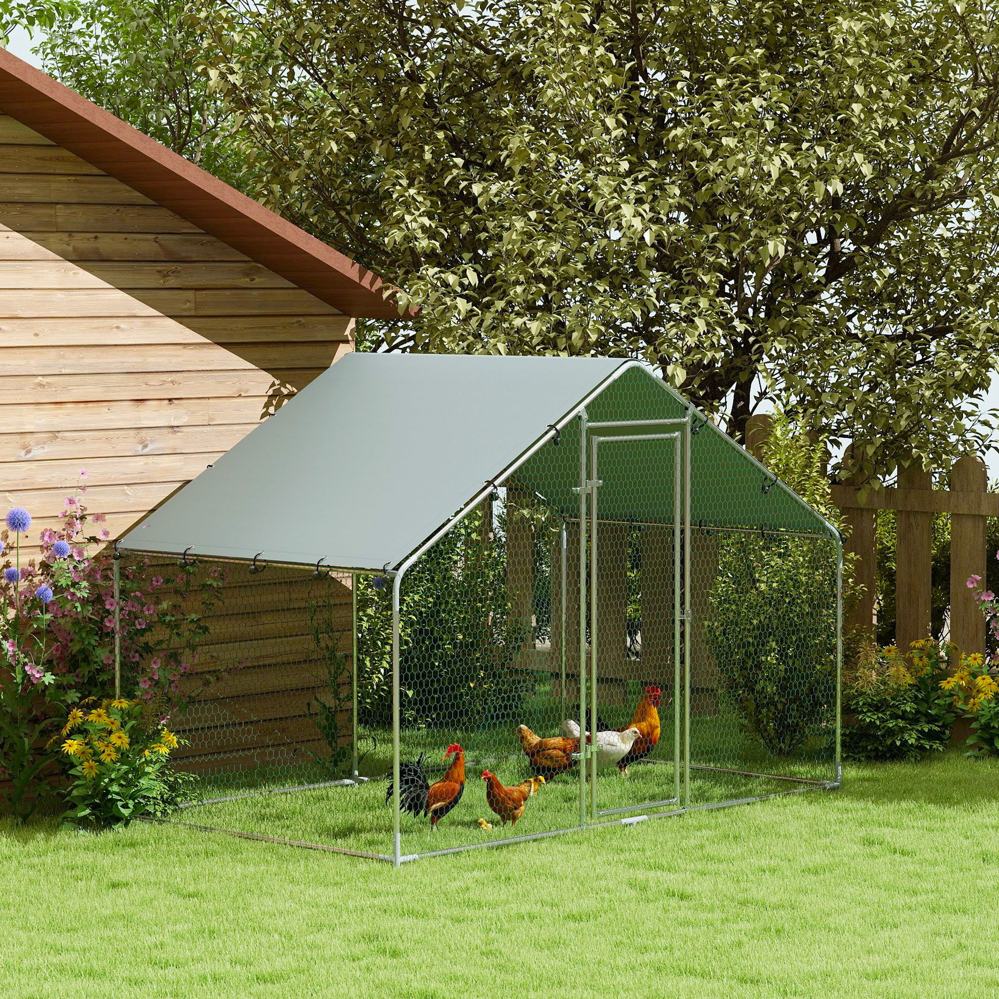 Vištoms skirtas voljeras 5-8 vištoms, stogo danga, užrakinamos durys, plieninis rėmas, 5,1 m², 300 x 170 x 190 cm, sidabrinis - Image 2