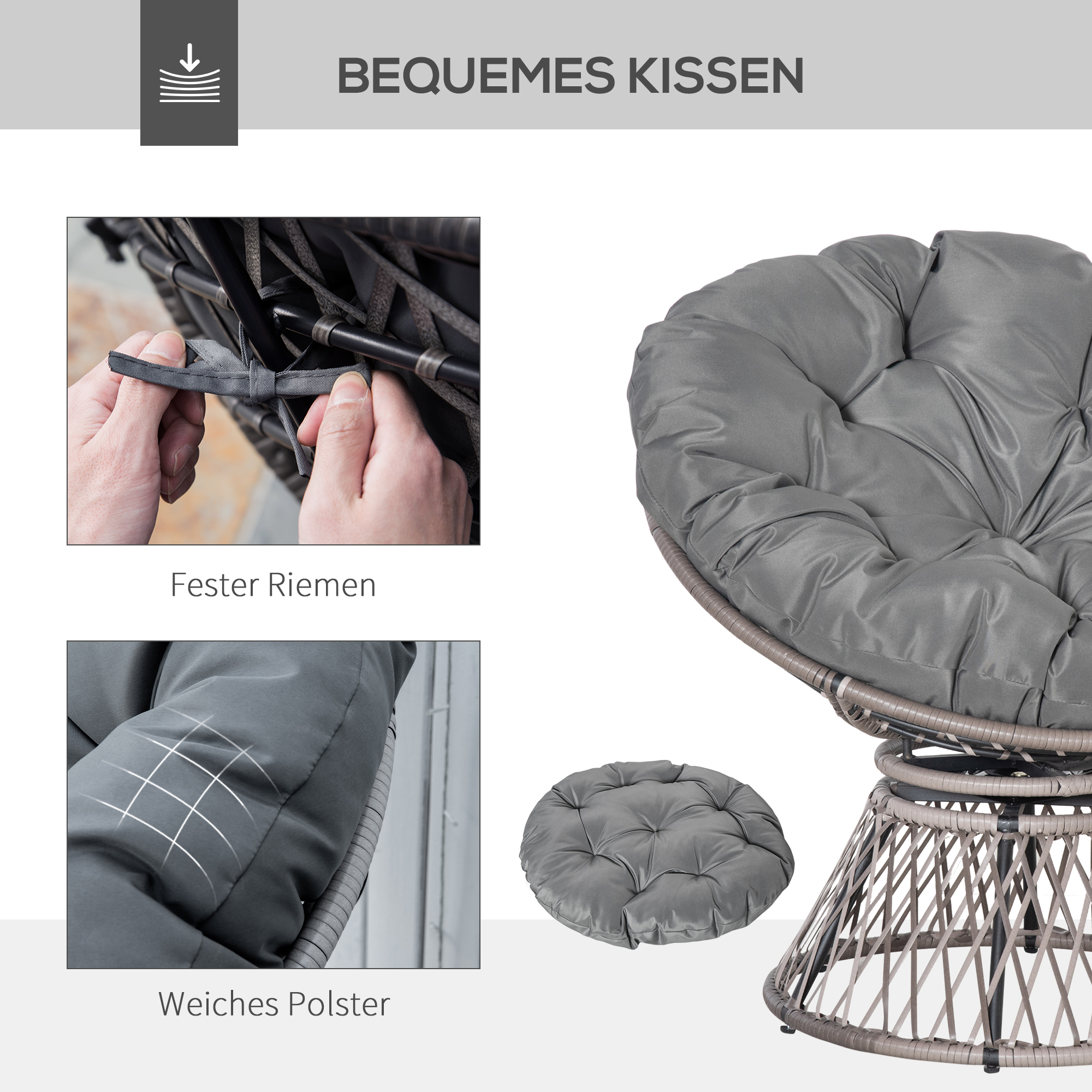 Papasan tipa krēsls ar spilvenu, grozāms 360°, PE rotangs, pelēks, 87 x 97 x 86 cm - Image 5