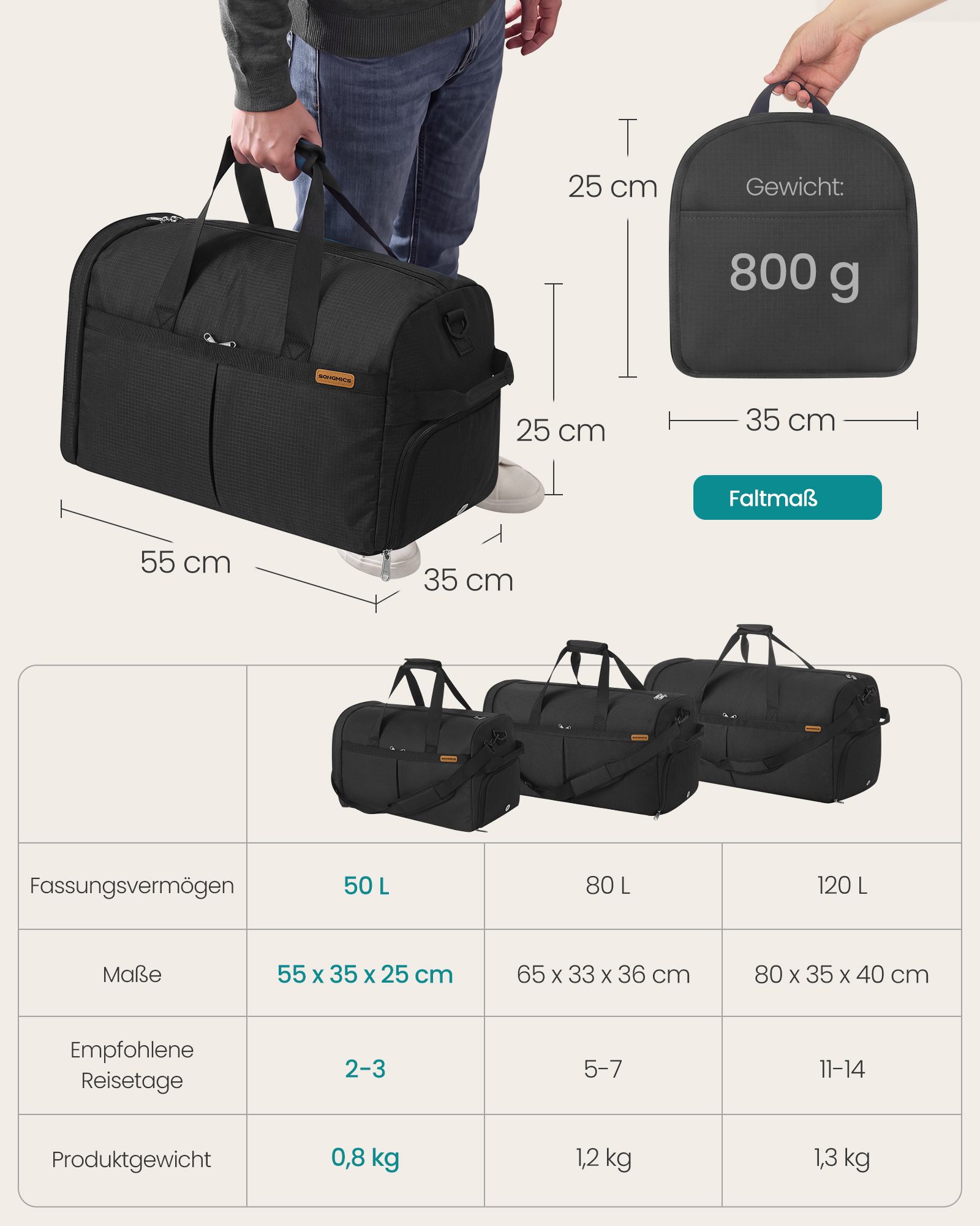 Salokāma sporta soma ar apavu un mitro lietu nodalījumu, melna, 50 l - Image 4