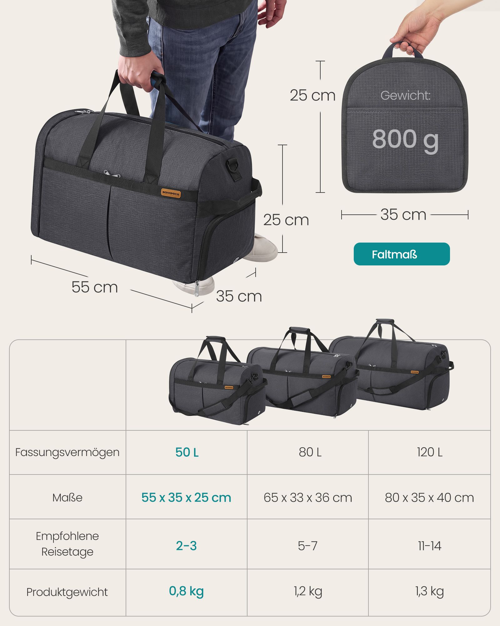 Sulankstomas sportinis krepšys su batų ir šlapio daiktų skyriumi, pilkas, 50 l - Image 4
