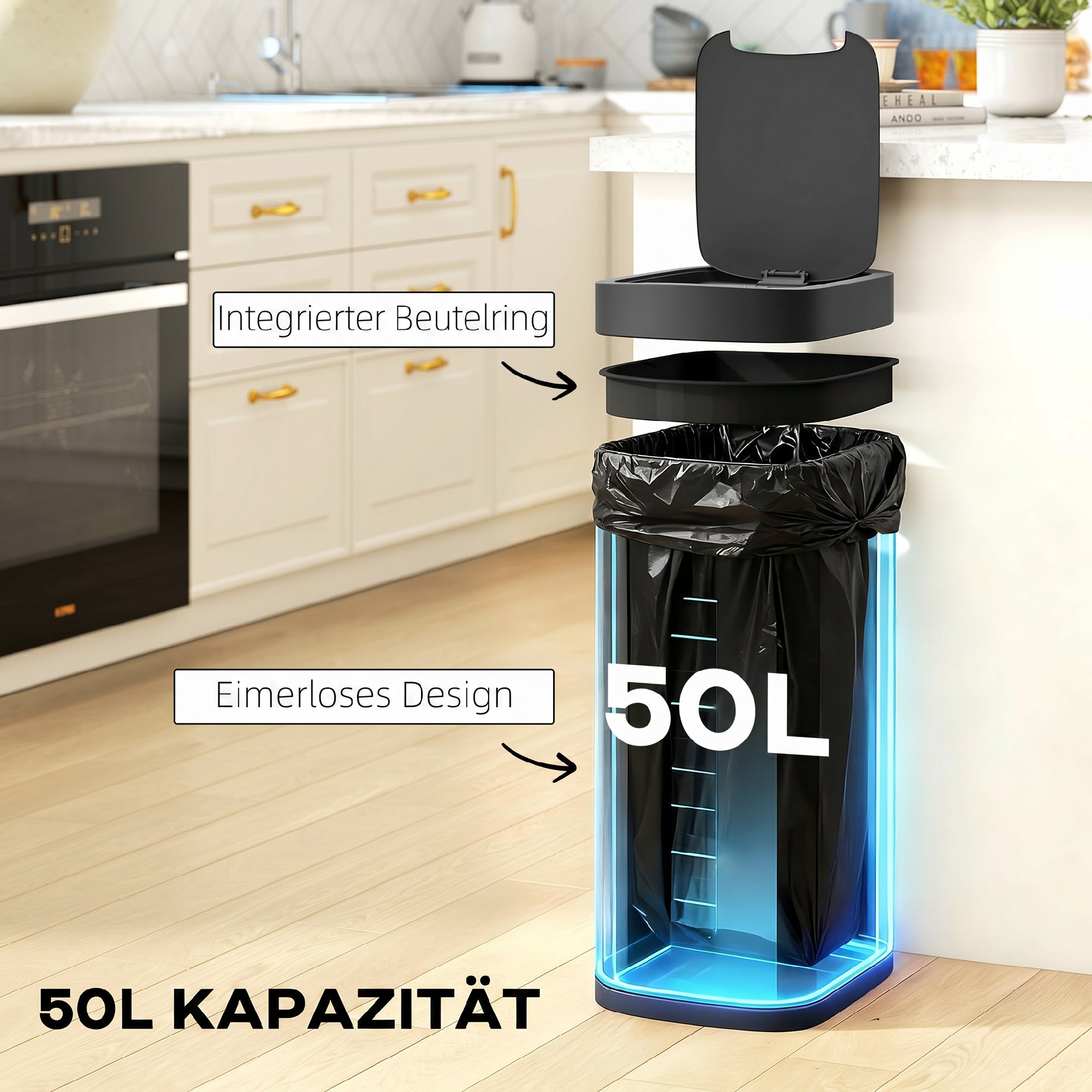 Sensorinė šiukšliadėžė, 50 l, juoda, metalas ir ABS, 26,5 x 35,5 x 68 cm - Image 5