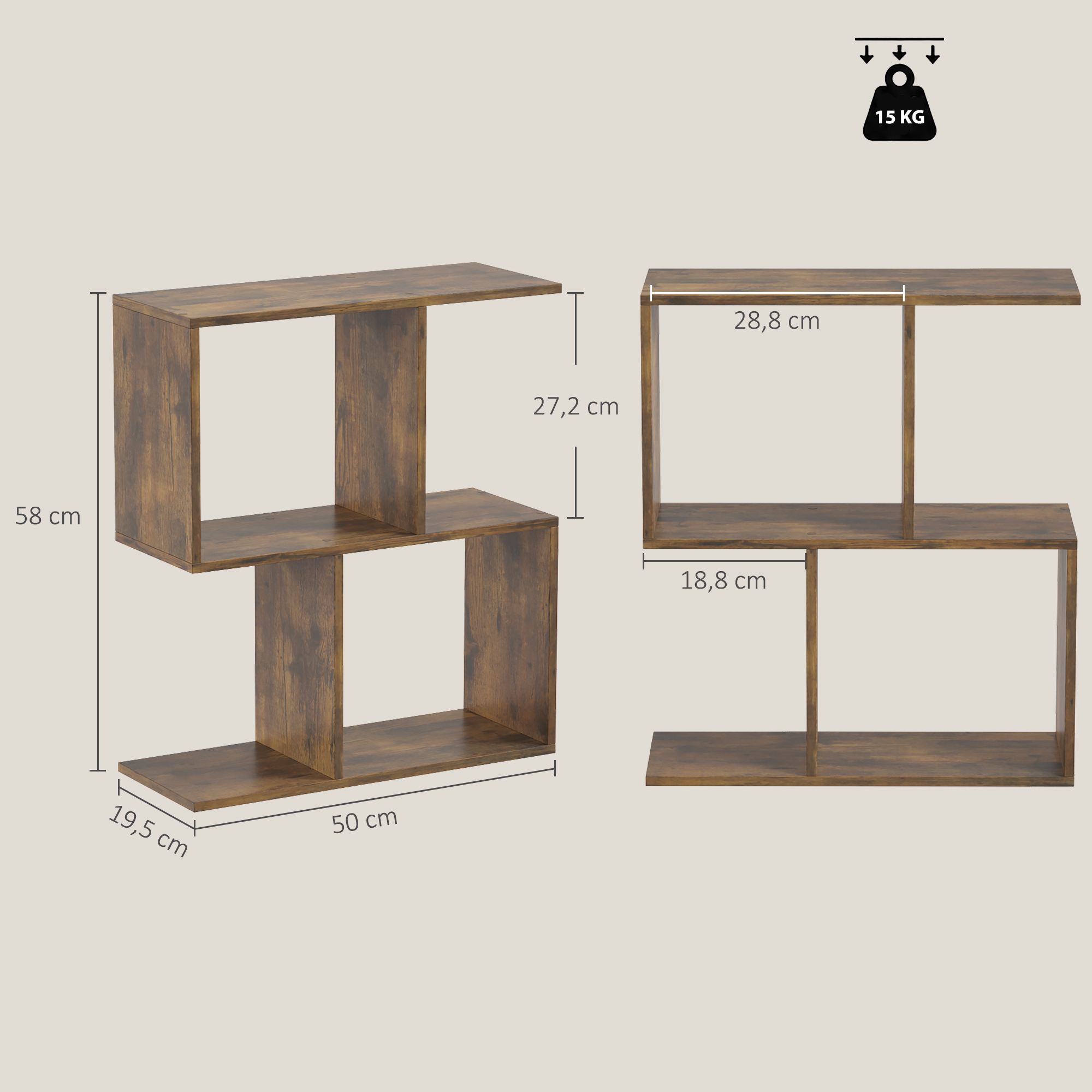 S formos šoninis staliukas su 3 lygiais, 50 x 19,5 x 58 cm, kaimiškos rudos spalvos - Image 3