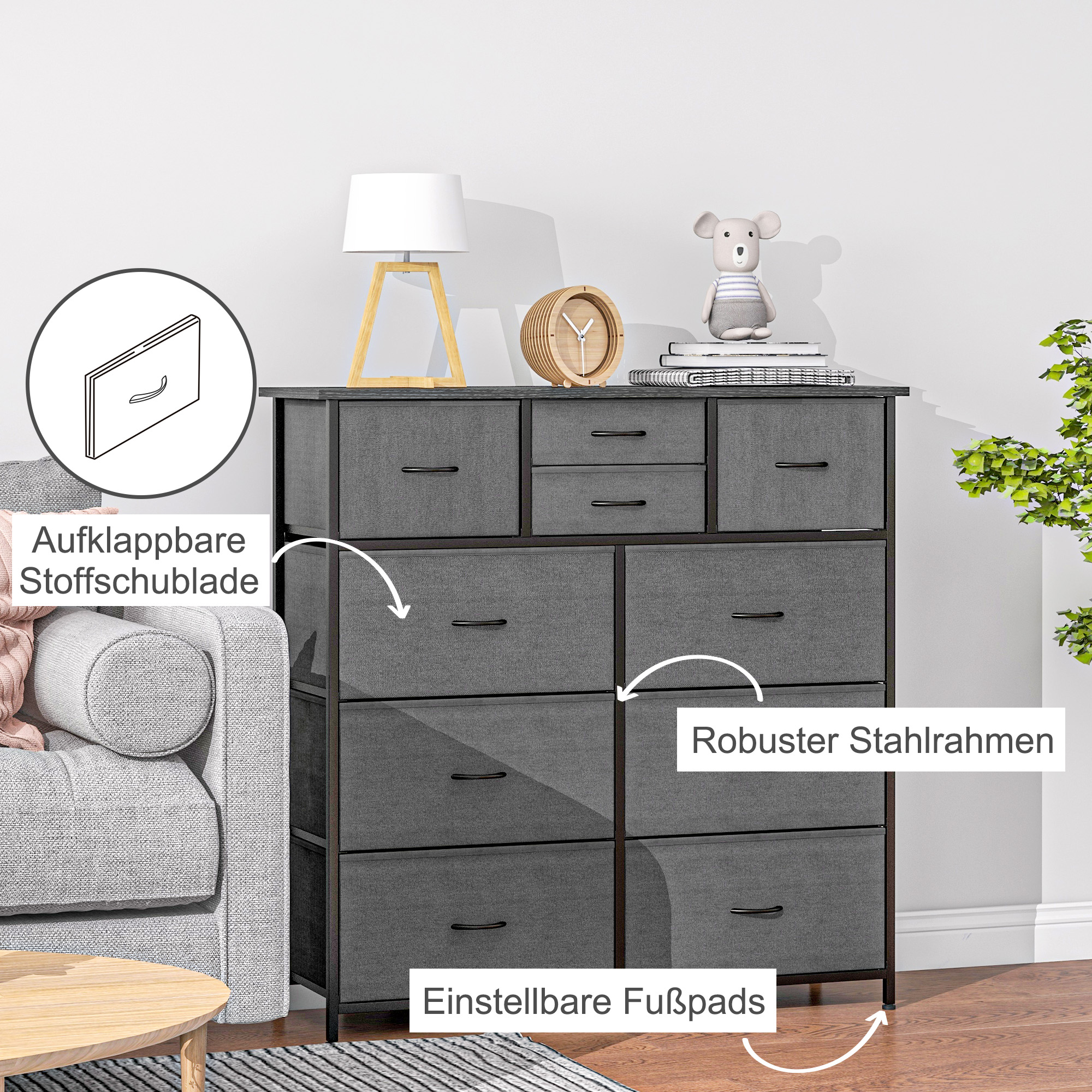 Komode–sidenis ar auduma atvilktnēm, 10 nodalījumi, metāla rāmis, 100 x 30 x 100 cm, melna - Image 5