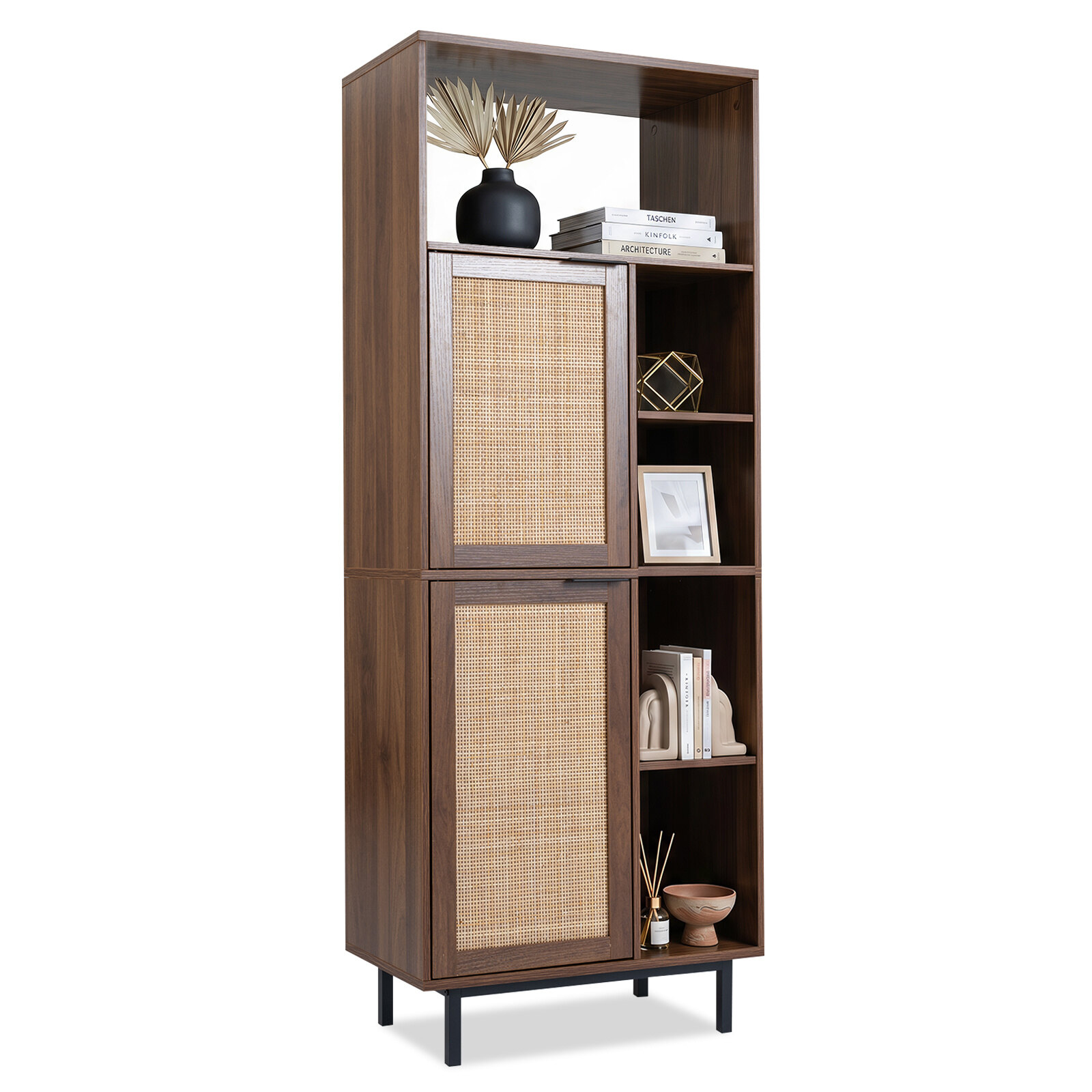 Pruun hoiukapp 2 rotangukse ja 5 sektsiooniga, 60 x 35 x 157 cm