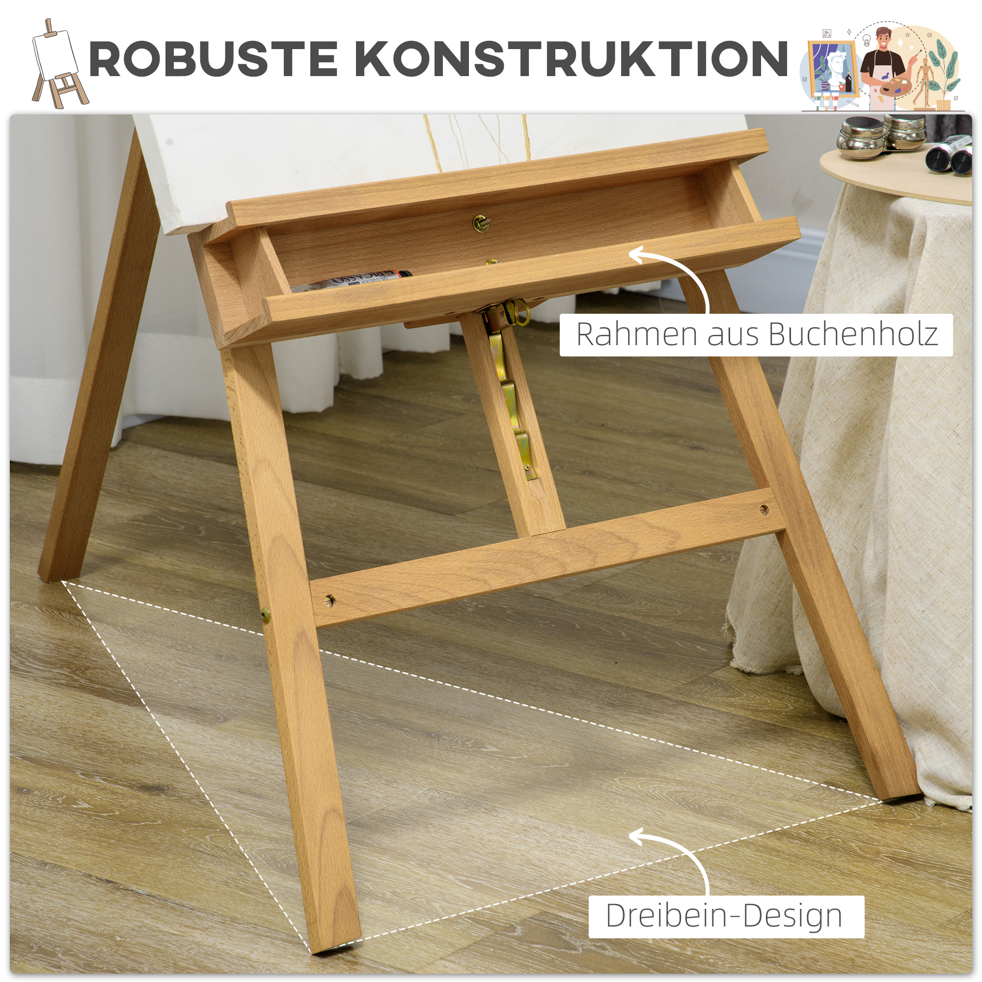 Reguliuojamo aukščio molbertas iš buko medienos, sulankstomas, natūralaus medžio, 65 x 110 x 180-235 cm - Image 5