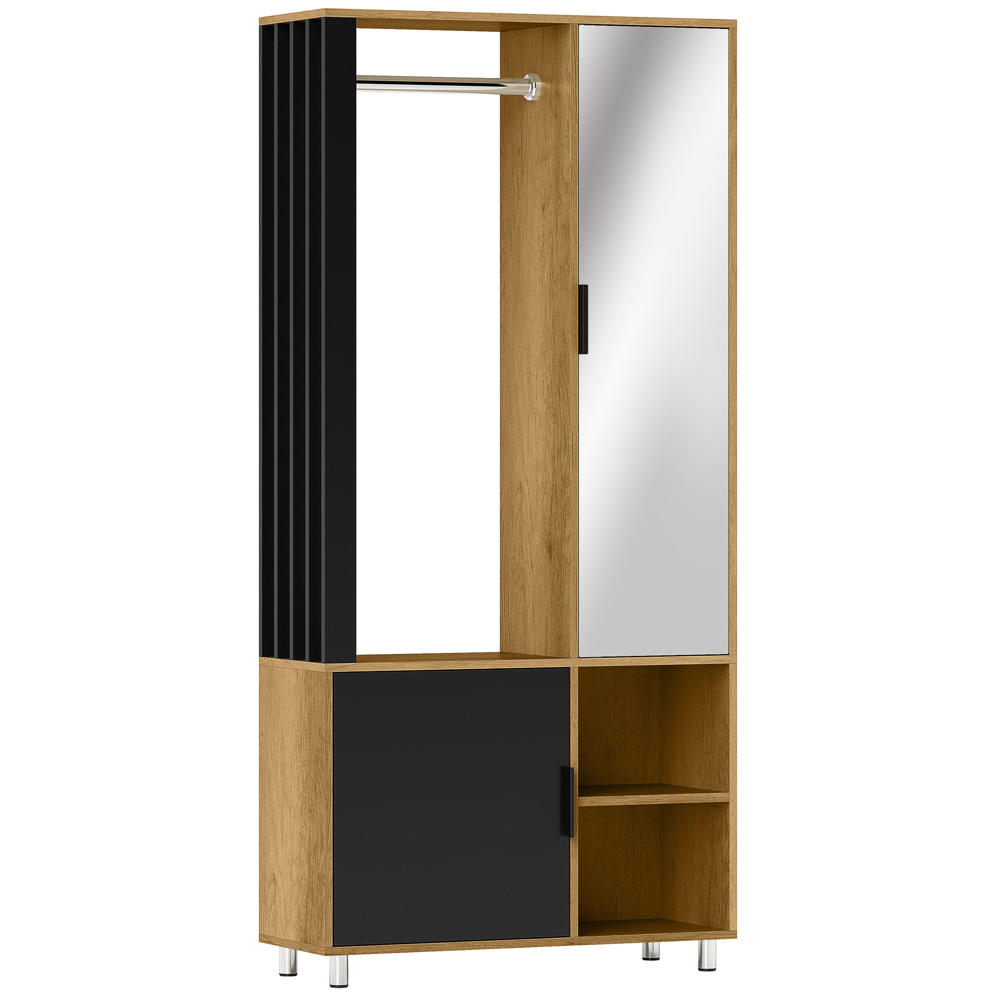 Kleiderschrank peegli ja riputustangiga, naturaalpuit, must, 80 x 30 x 175 cm