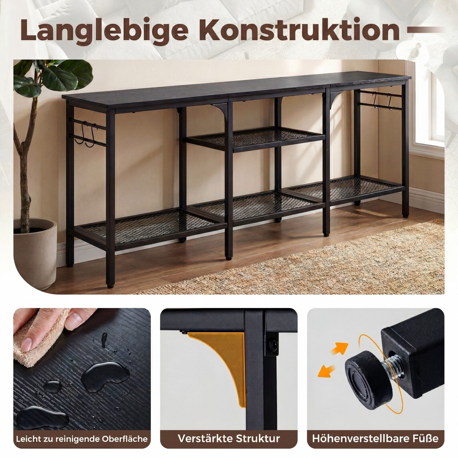 TV galds televizoriem līdz 165 cm, ar metāla sieta plauktiem un 4 āķiem, brūns/melns - Image 8