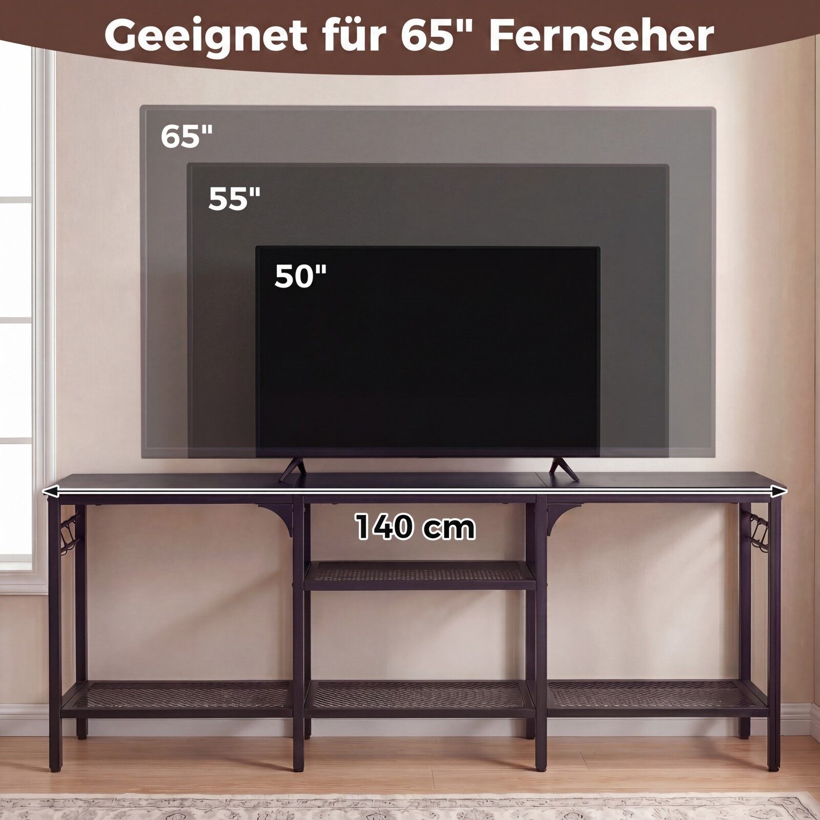 TV galds televizoriem līdz 165 cm, ar metāla sieta plauktiem un 4 āķiem, brūns/melns - Image 7