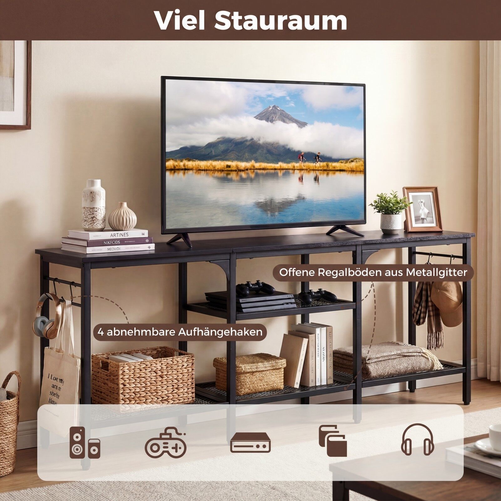 TV galds televizoriem līdz 165 cm, ar metāla sieta plauktiem un 4 āķiem, brūns/melns - Image 3