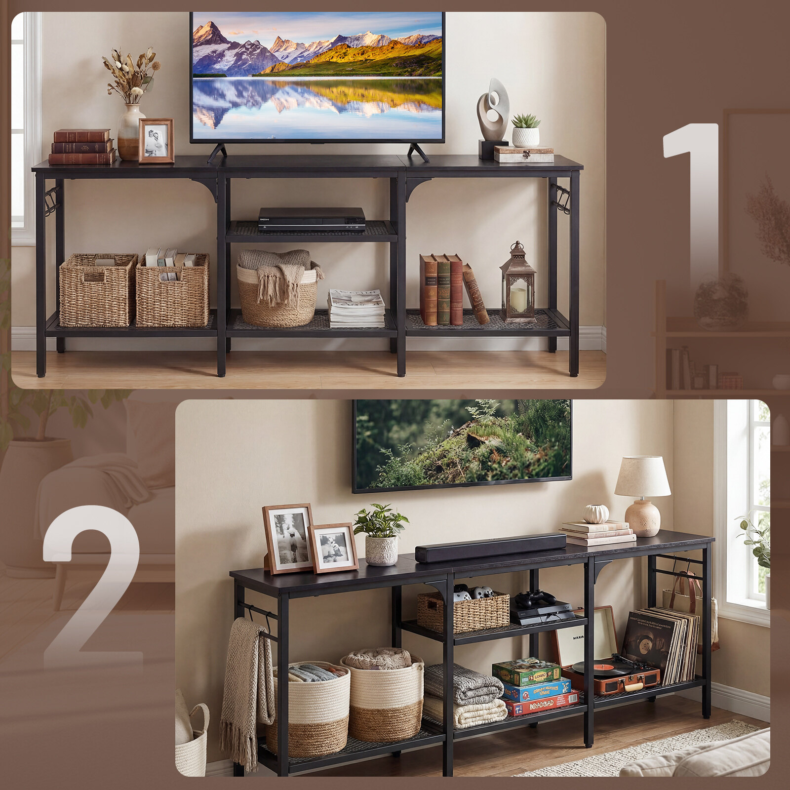 TV galds televizoriem līdz 165 cm, ar metāla sieta plauktiem un 4 āķiem, brūns/melns - Image 6