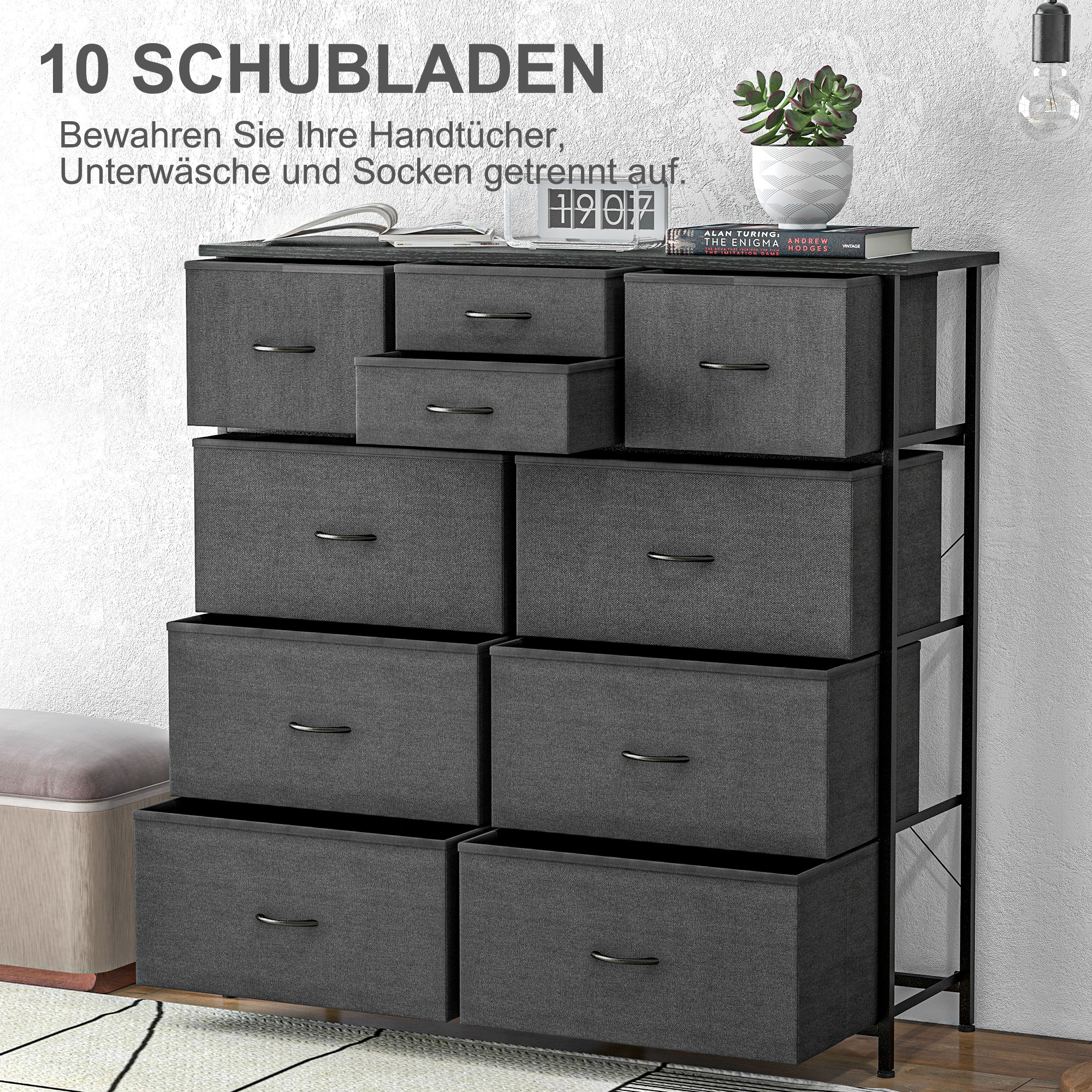 Komode–sidenis ar auduma atvilktnēm, 10 nodalījumi, metāla rāmis, 100 x 30 x 100 cm, melna - Image 4