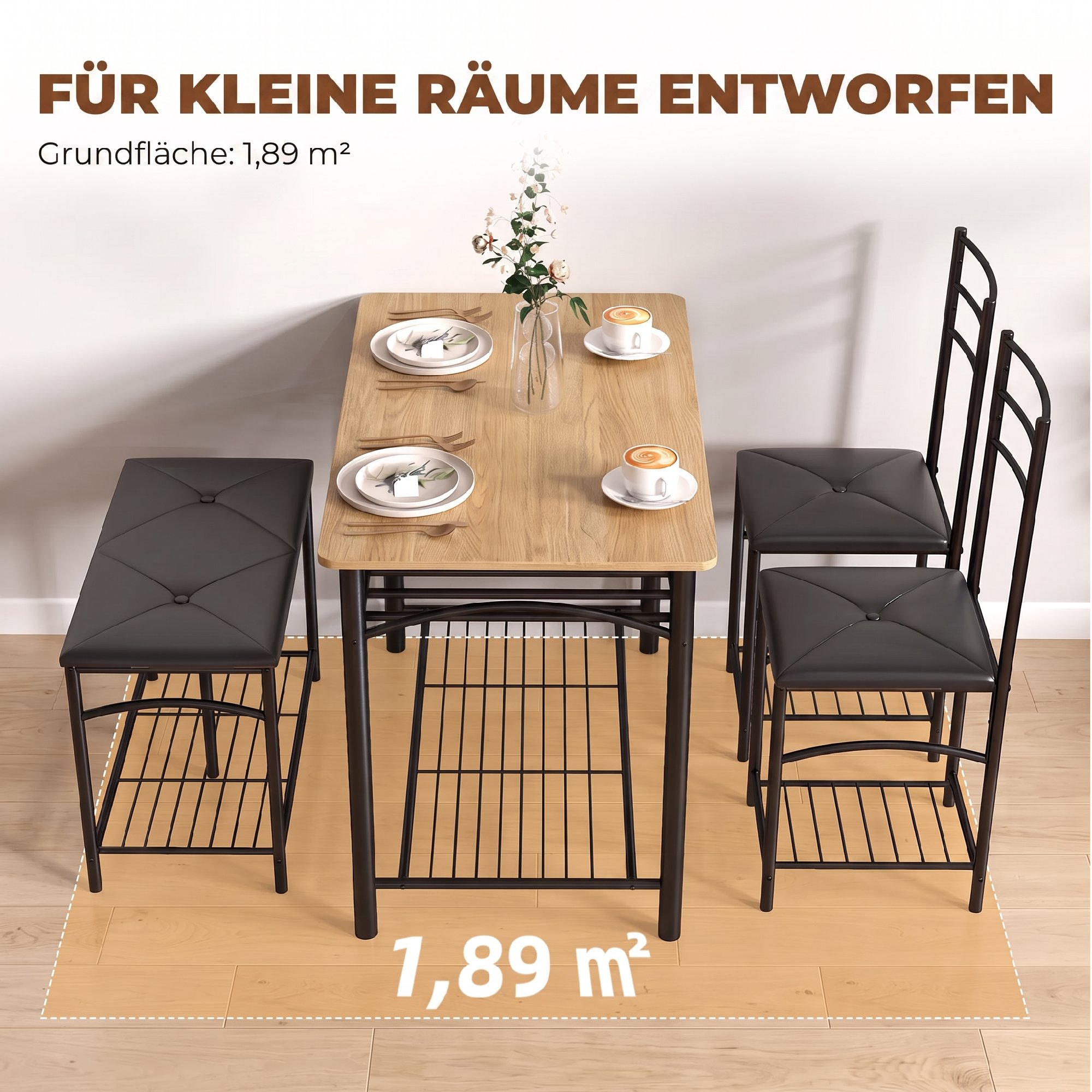4 daļu ēdamistabas komplekts, galds ar 2 krēsliem un solu 4 personām, brūns / melns - Image 5