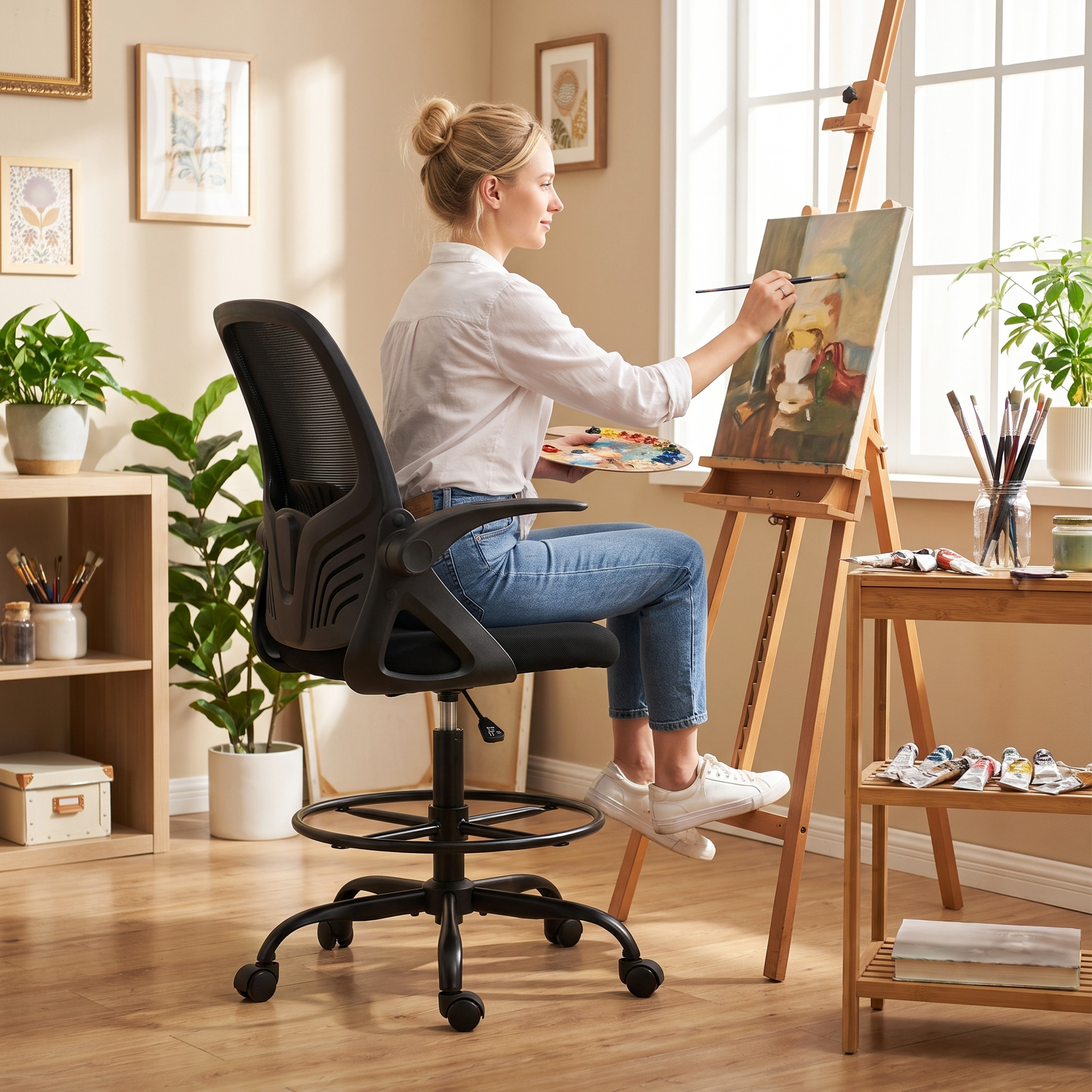 Piirustustuoli käsinojilla, verkkokangas, musta, 65 x 59 x 104-124 cm - Image 8