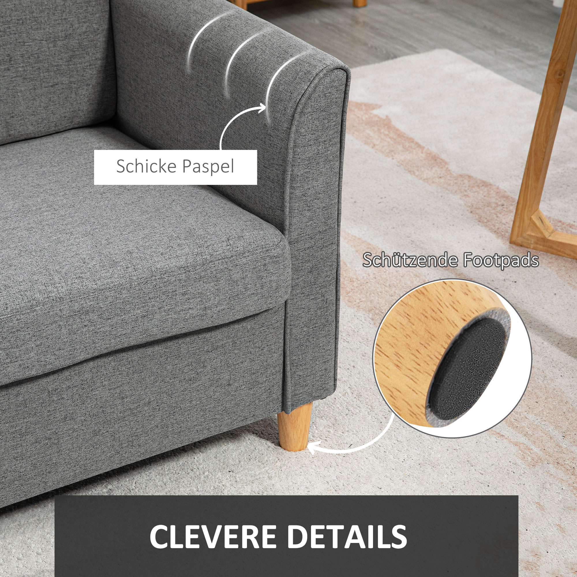 Dvivietė sofa, pilka, lino išvaizdos audinys, medinės kojos, 141 x 70 x 78 cm - Image 6