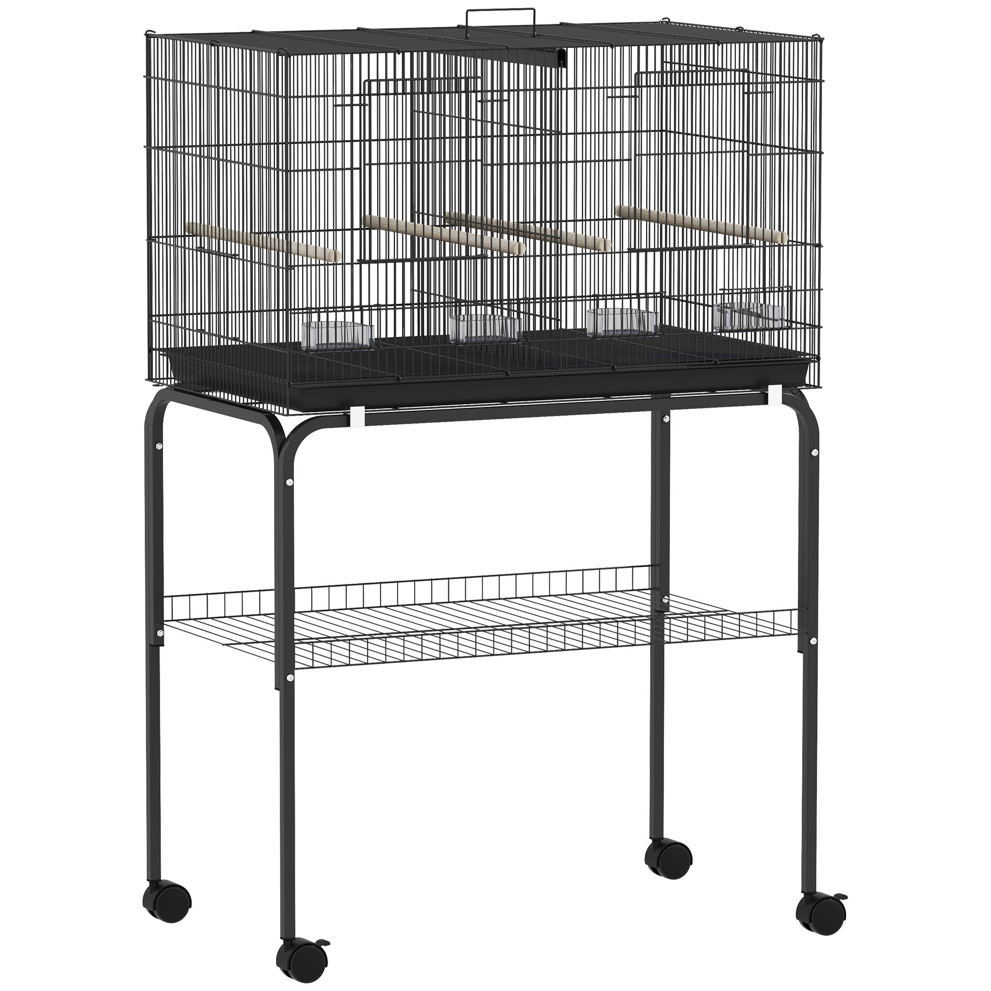 Rataste ja riiuliga linnupuur, teras ja plast, must, 76 x 46 x 116 cm