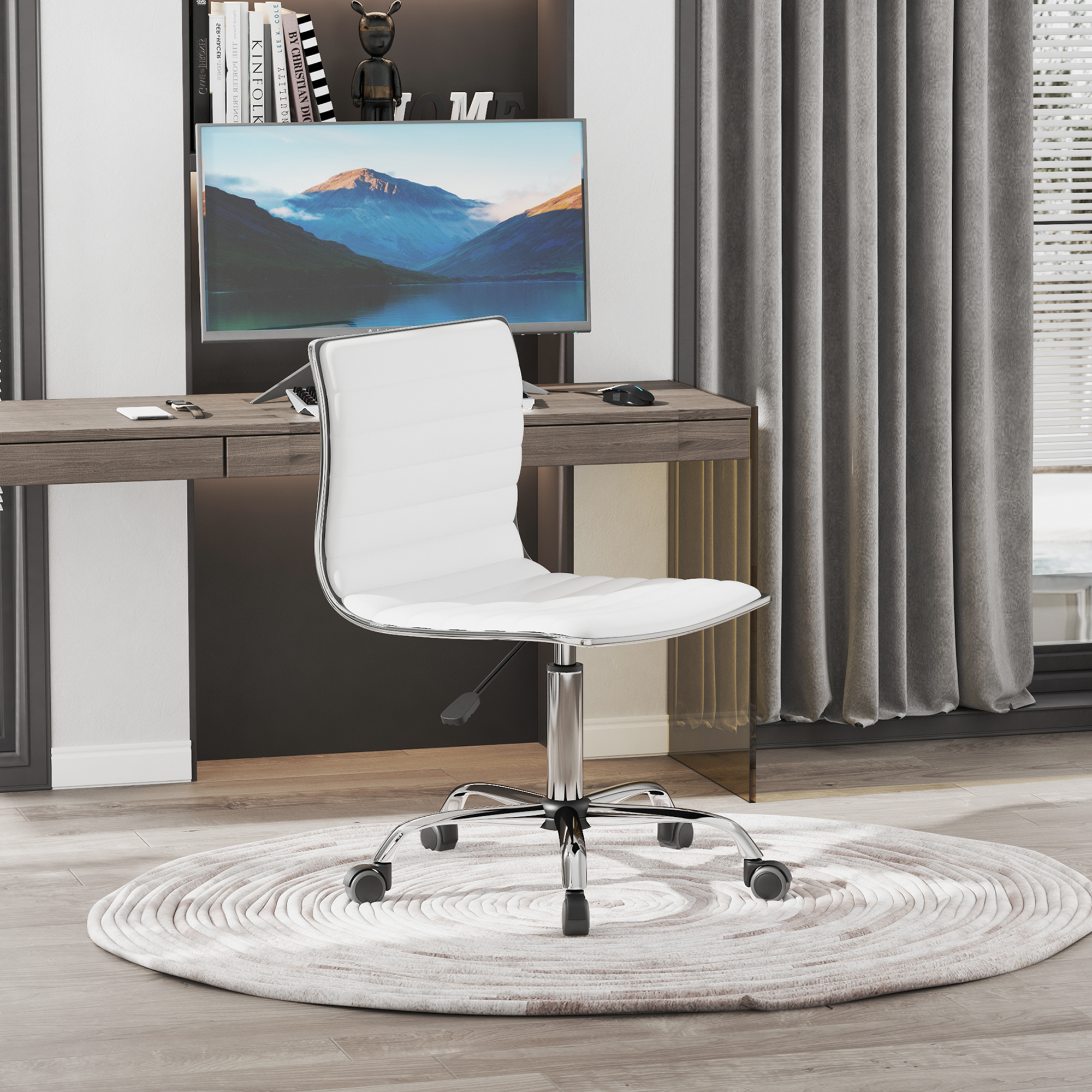 Salona krēsls ar atzveltni, regulējams augstums, tērauds / PU, balts, 48 x 52 x 78-90 cm - Image 2