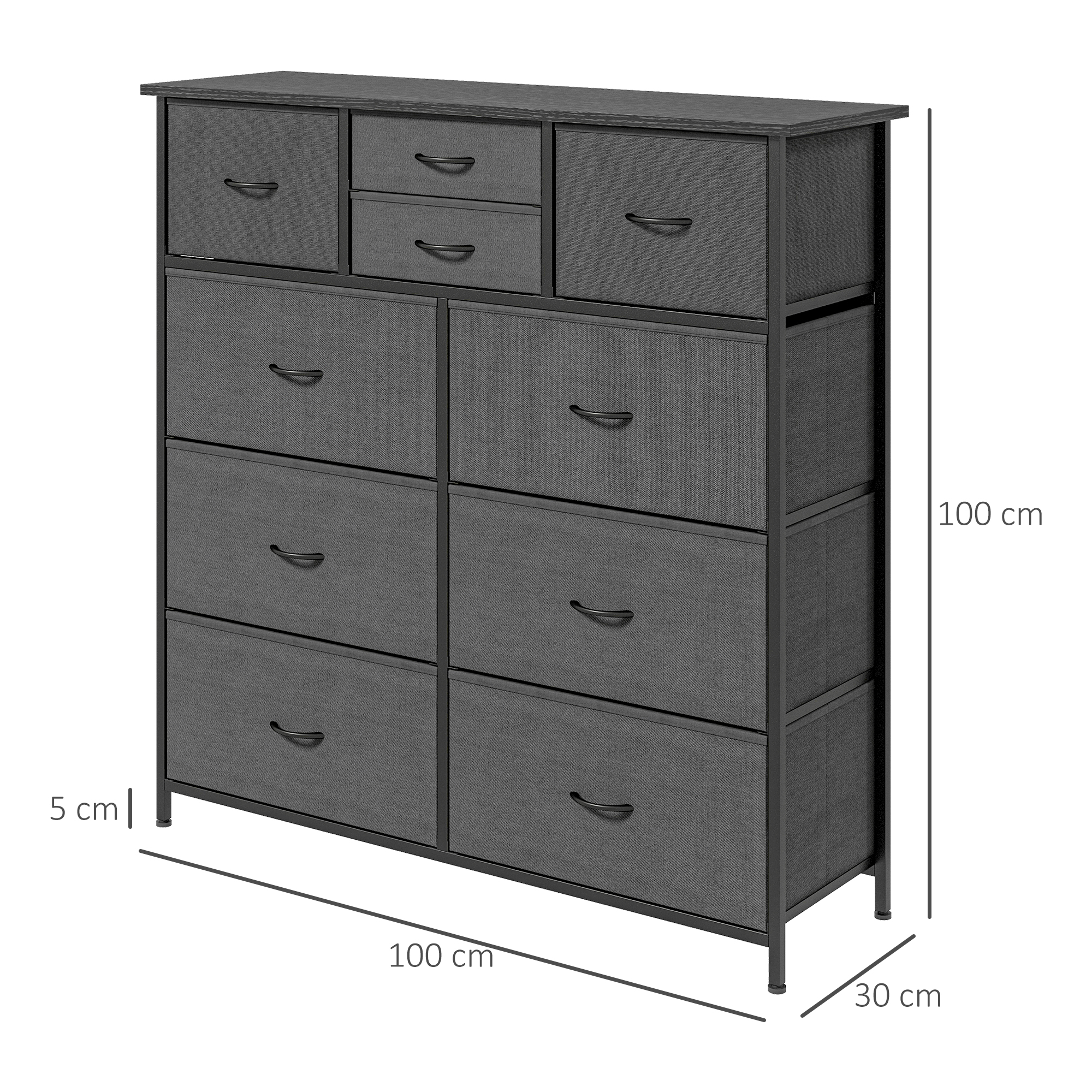 Komode–sidenis ar auduma atvilktnēm, 10 nodalījumi, metāla rāmis, 100 x 30 x 100 cm, melna - Image 3
